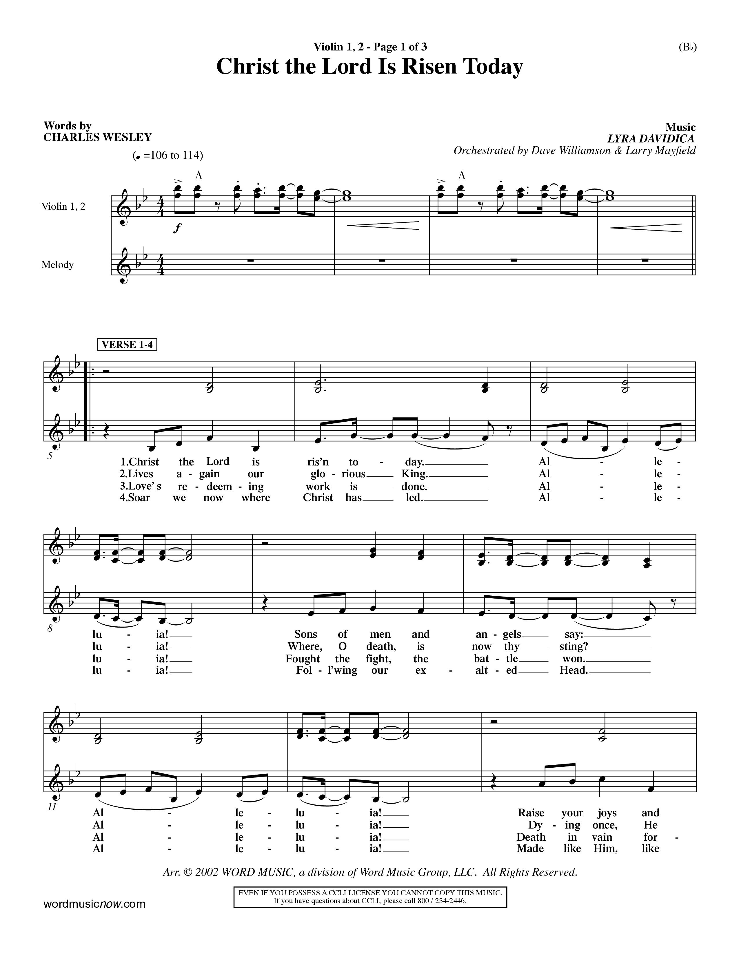 Christ The Lord Is Risen Today (Choral Anthem SATB) Violin 1/2 (Word Music Choral / Orch. Dave Williamson / Orch. Larry Mayfield)