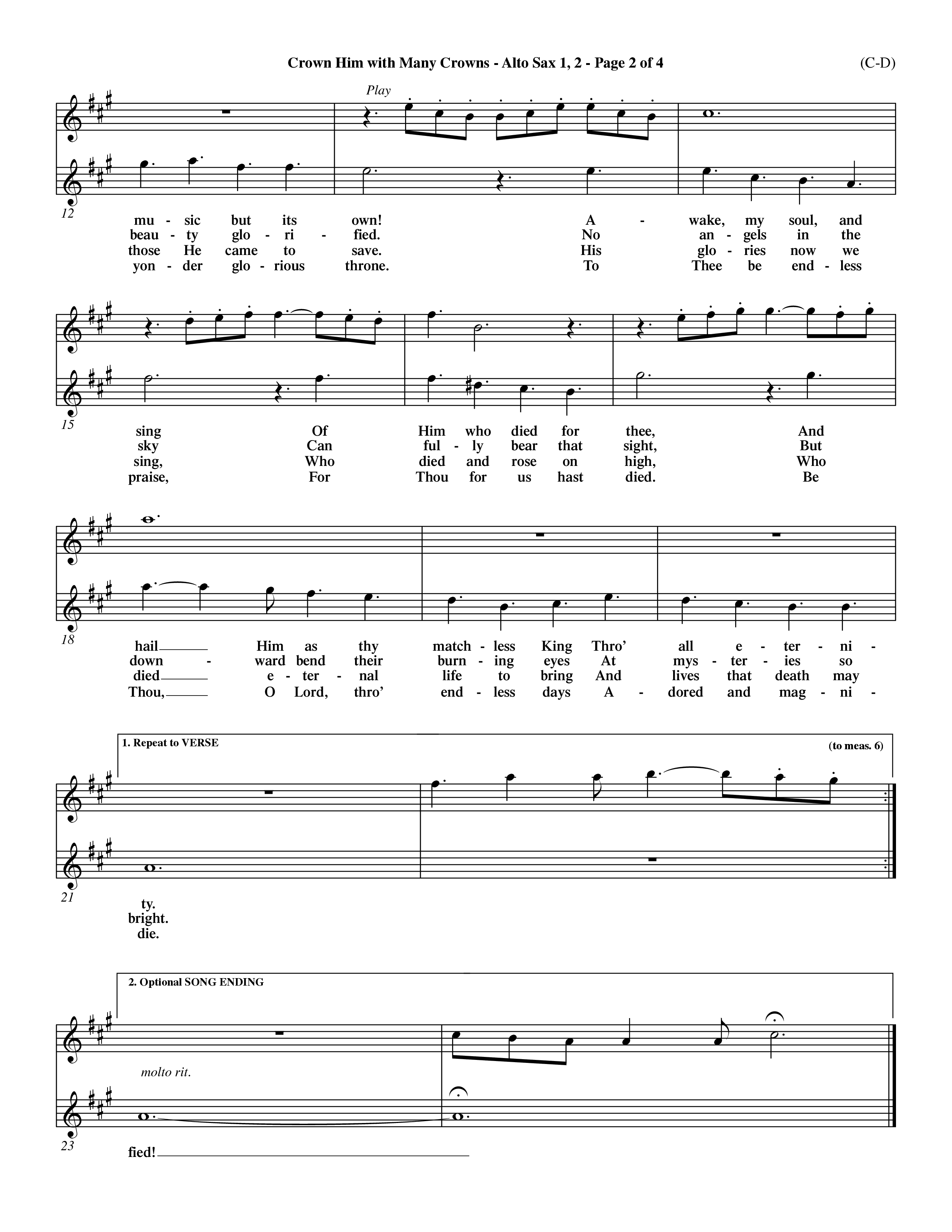 Crown Him With Many Crowns (Choral Anthem SATB) Alto Sax 1/2 (Word Music Choral / Arr. John Coates / Orch. Dave Williamson / Orch. Rob Thomas)