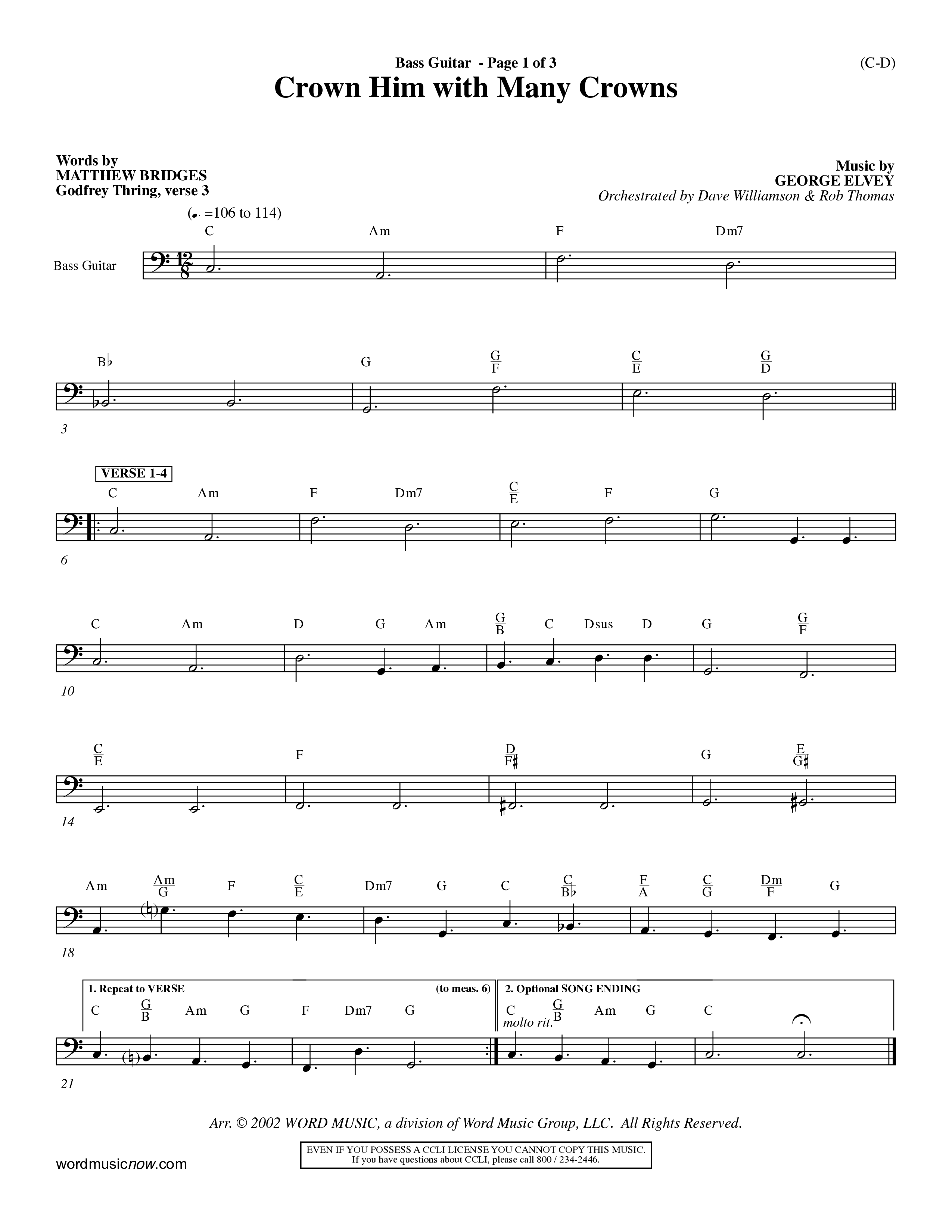Crown Him With Many Crowns (Choral Anthem SATB) Bass Guitar (Word Music Choral / Arr. John Coates / Orch. Dave Williamson / Orch. Rob Thomas)