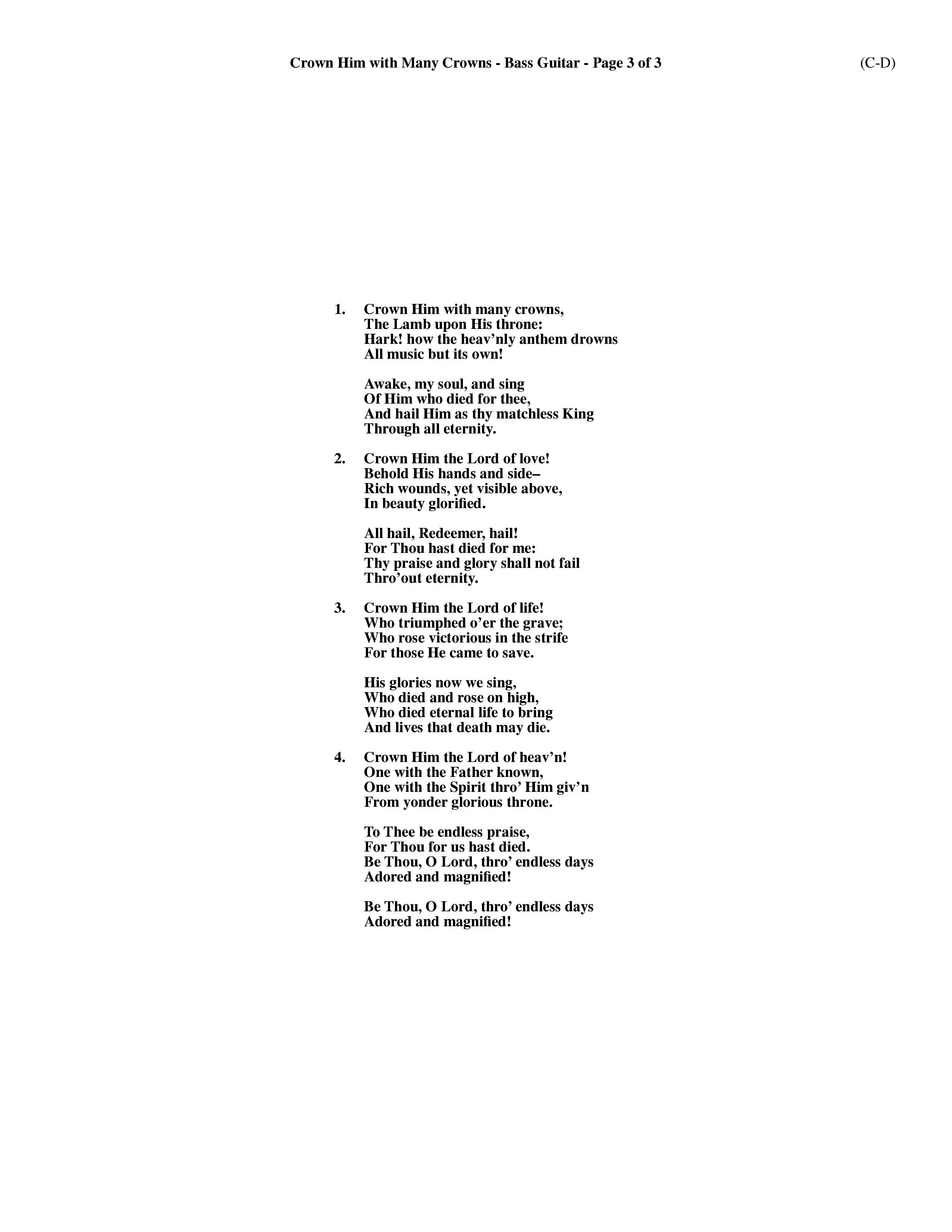 Crown Him With Many Crowns (Choral Anthem SATB) Bass Guitar (Word Music Choral / Arr. John Coates / Orch. Dave Williamson / Orch. Rob Thomas)