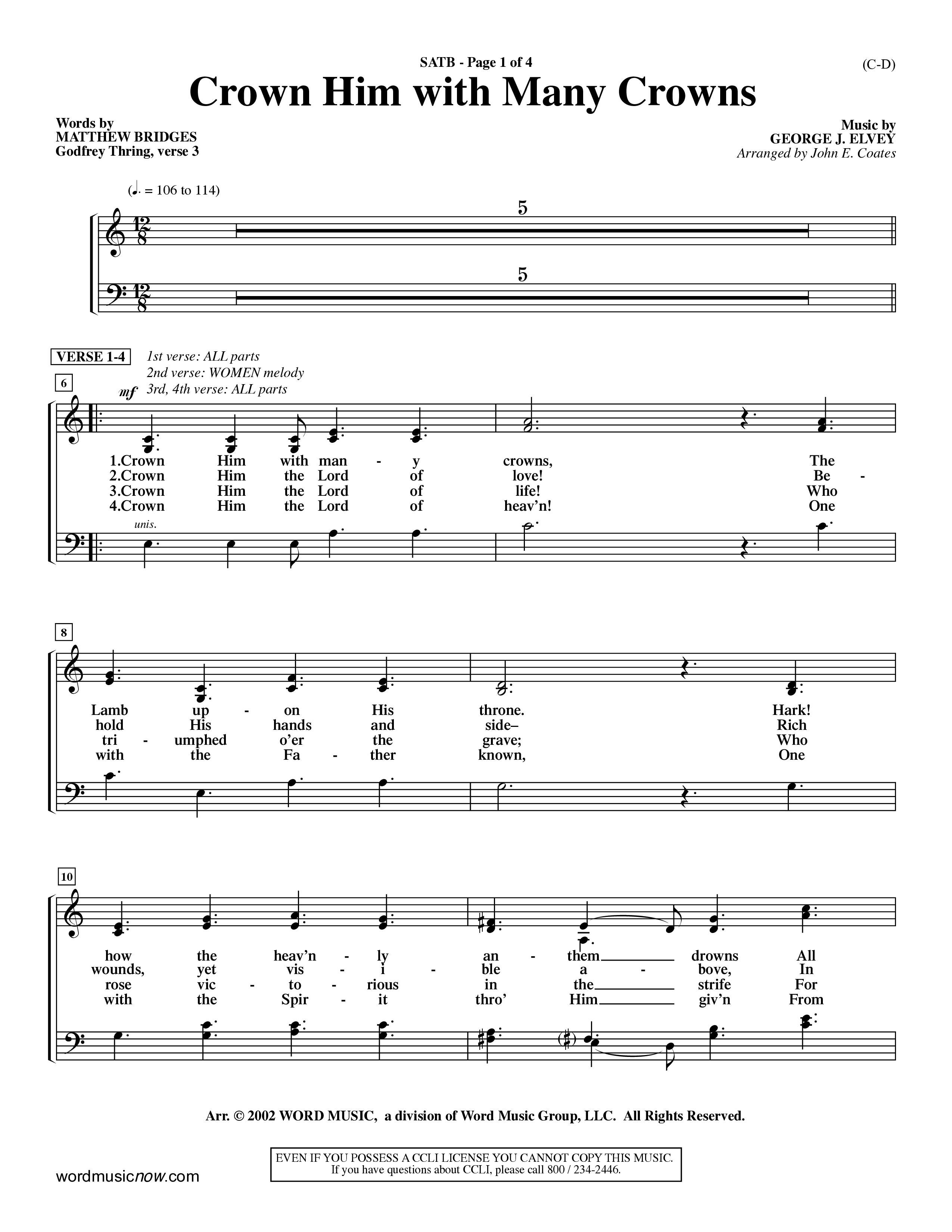 Crown Him With Many Crowns (Choral Anthem SATB) Choir Sheet (SATB) (Word Music Choral / Arr. John Coates / Orch. Dave Williamson / Orch. Rob Thomas)