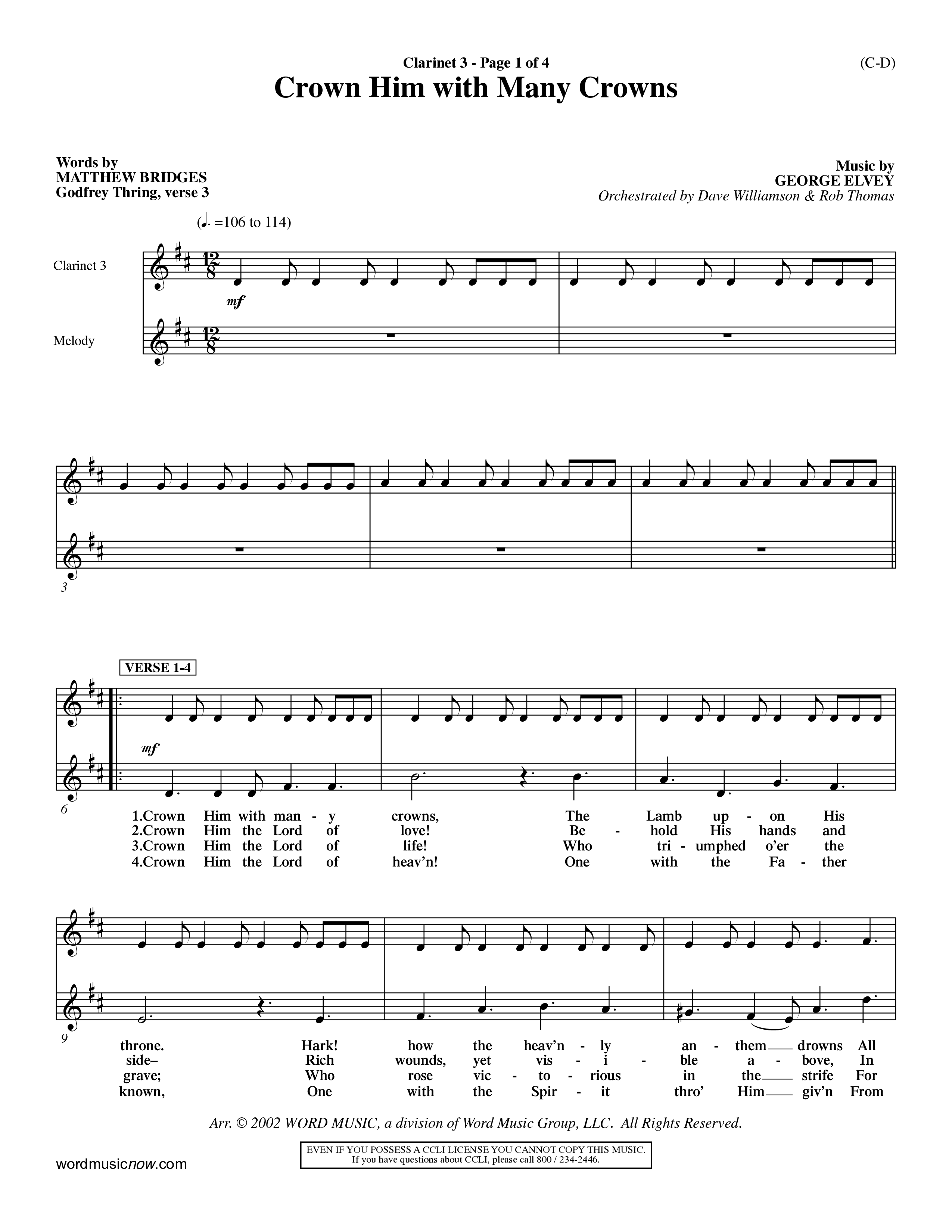 Crown Him With Many Crowns (Choral Anthem SATB) Clarinet 3 (Word Music Choral / Arr. John Coates / Orch. Dave Williamson / Orch. Rob Thomas)