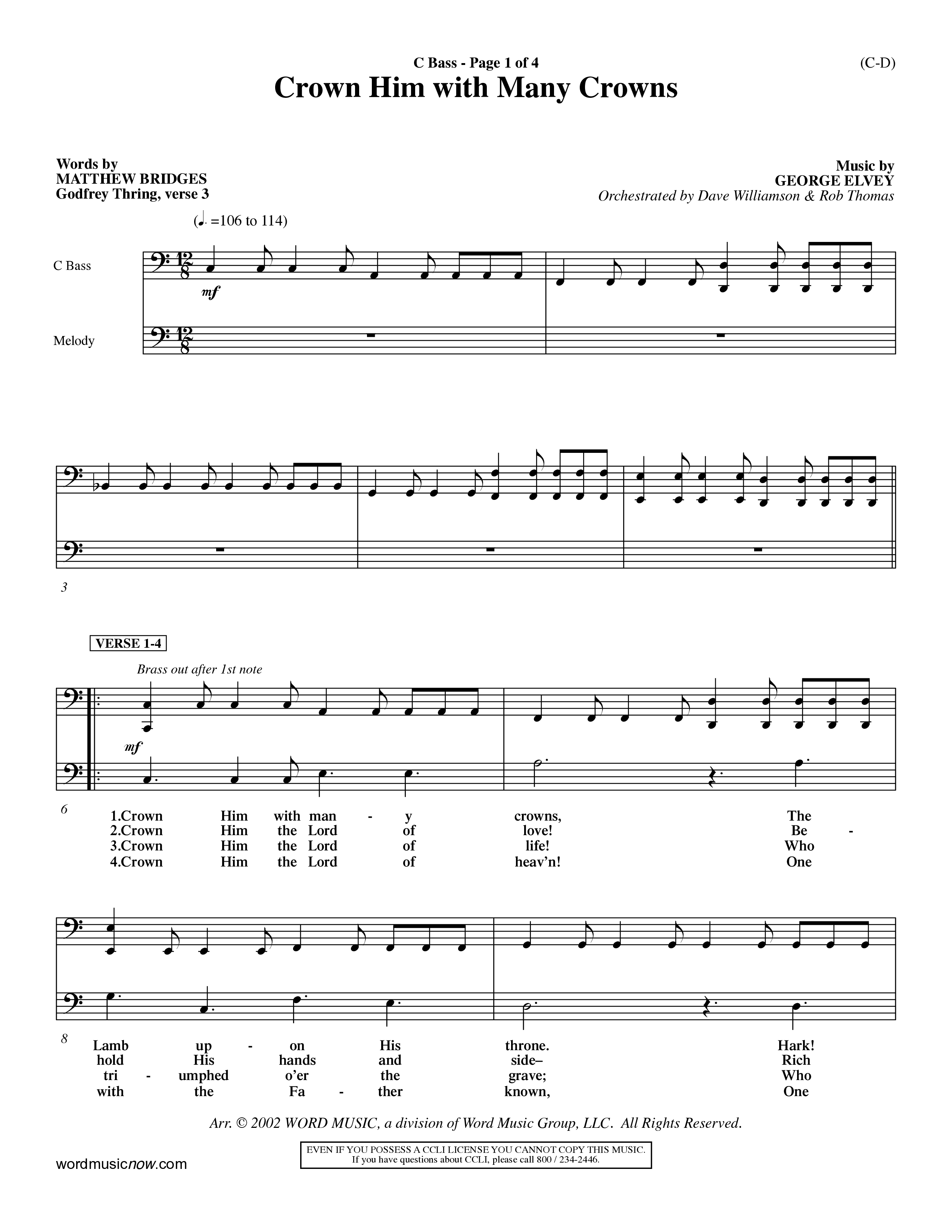 Crown Him With Many Crowns (Choral Anthem SATB) Contrabass (Word Music Choral / Arr. John Coates / Orch. Dave Williamson / Orch. Rob Thomas)