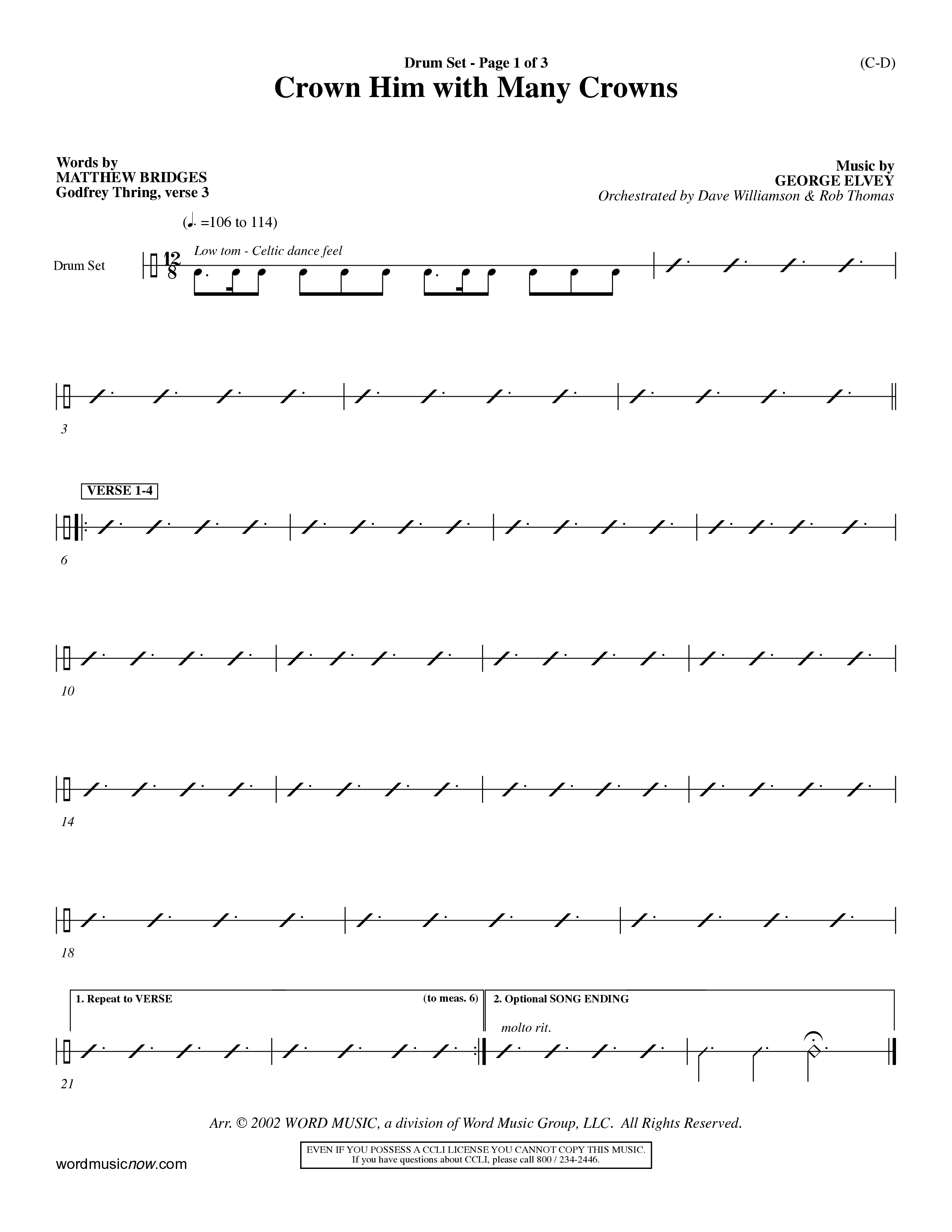 Crown Him With Many Crowns (Choral Anthem SATB) Drum Set (Word Music Choral / Arr. John Coates / Orch. Dave Williamson / Orch. Rob Thomas)