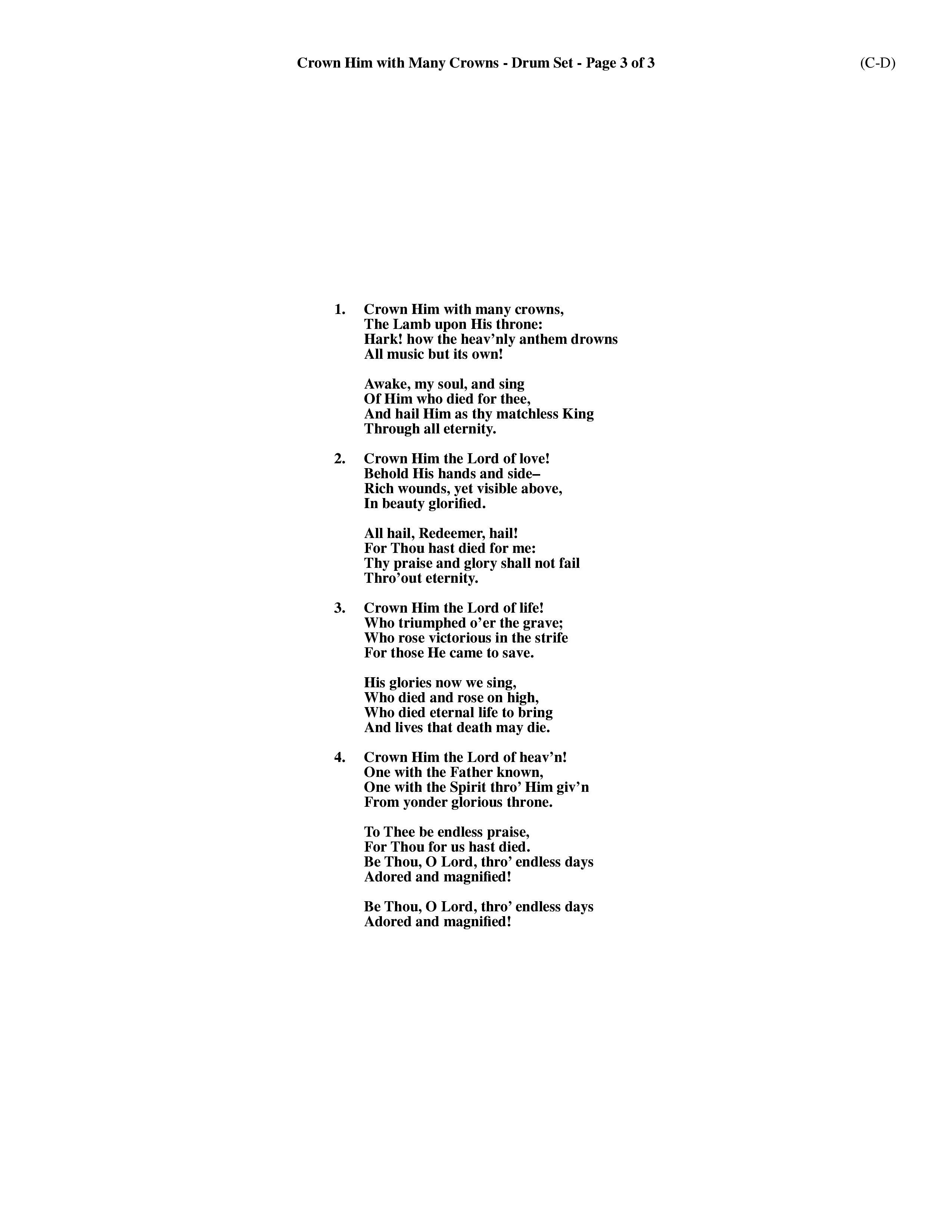 Crown Him With Many Crowns (Choral Anthem SATB) Drum Set (Word Music Choral / Arr. John Coates / Orch. Dave Williamson / Orch. Rob Thomas)