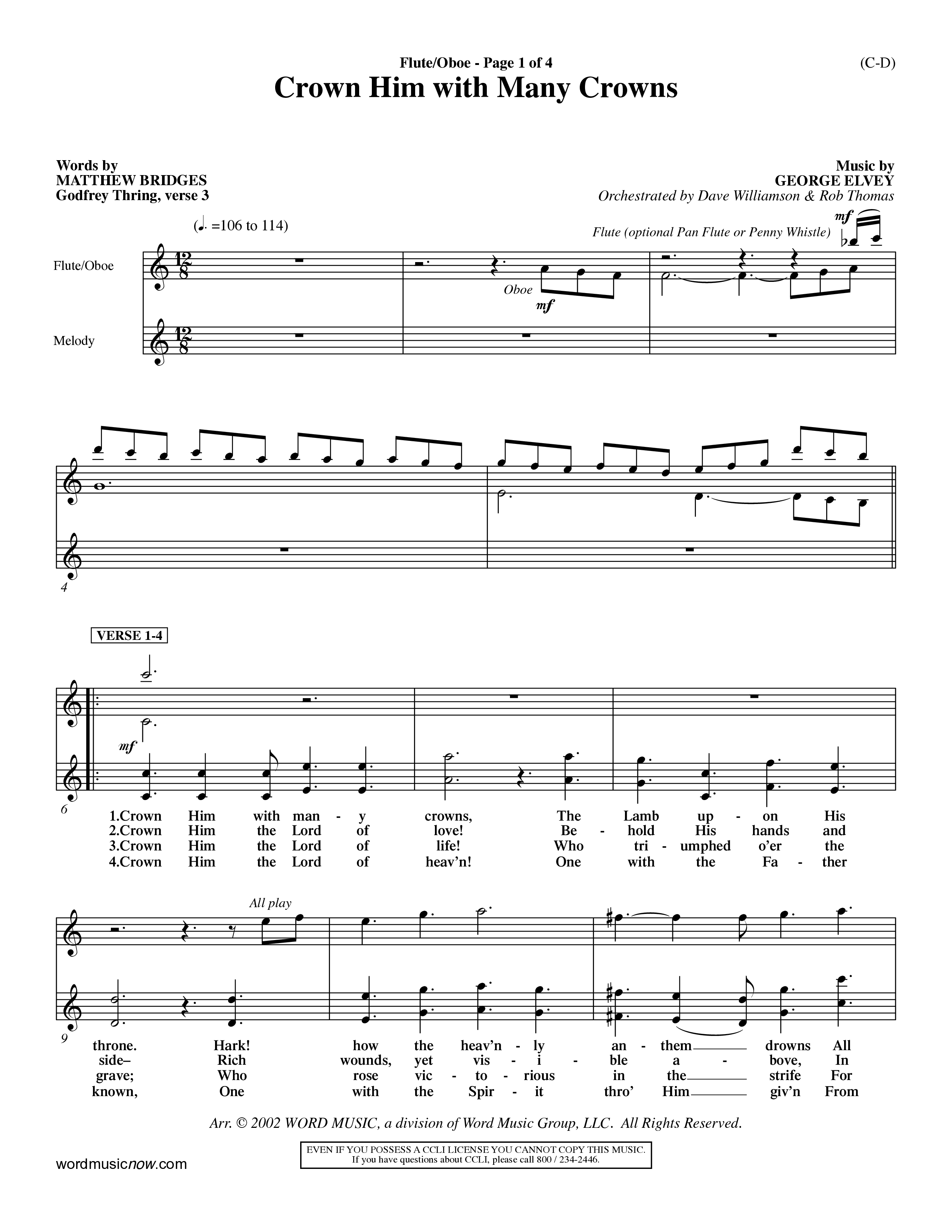 Crown Him With Many Crowns (Choral Anthem SATB) Flute/Oboe (Word Music Choral / Arr. John Coates / Orch. Dave Williamson / Orch. Rob Thomas)