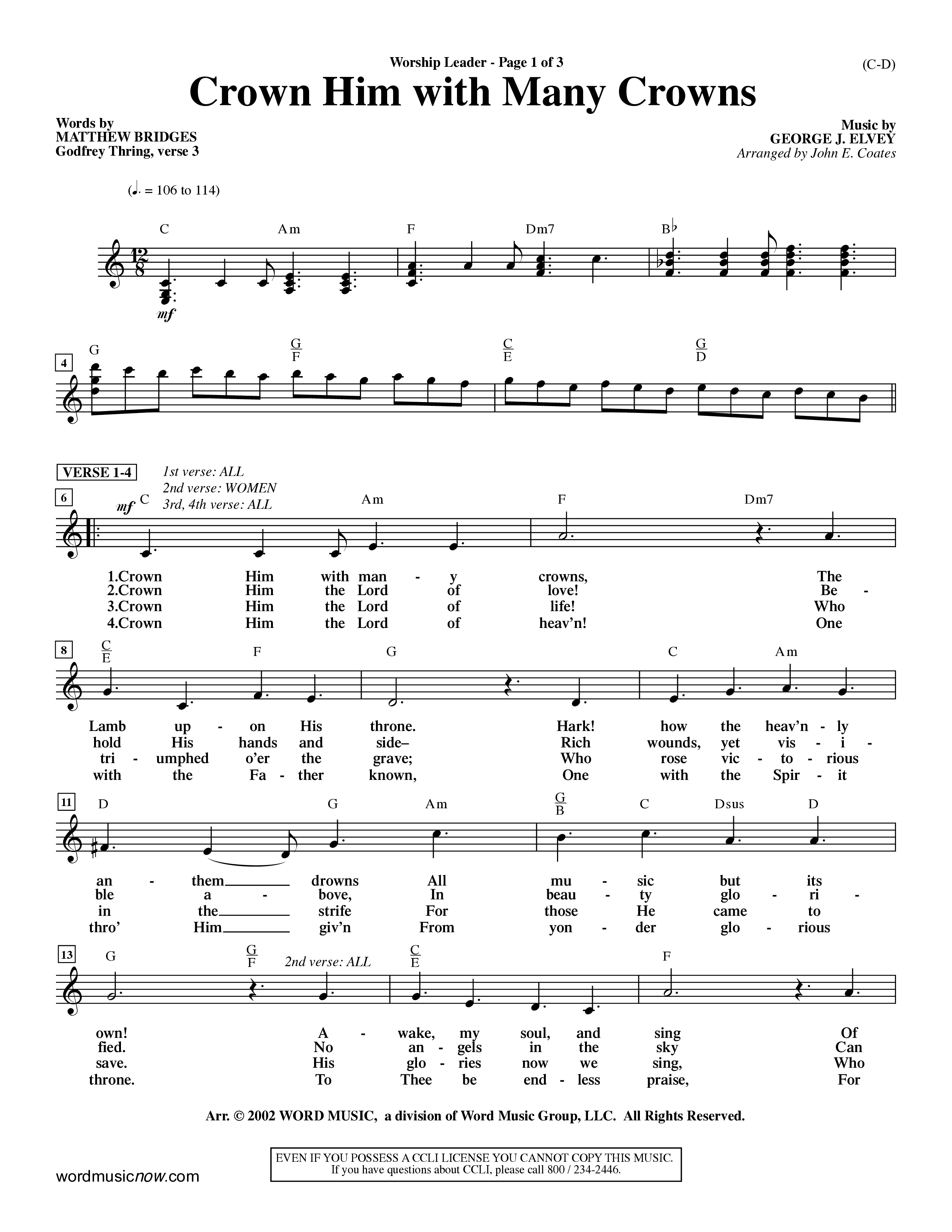 Crown Him With Many Crowns (Choral Anthem SATB) Lead Sheet (Mel) (Word Music Choral / Arr. John Coates / Orch. Dave Williamson / Orch. Rob Thomas)