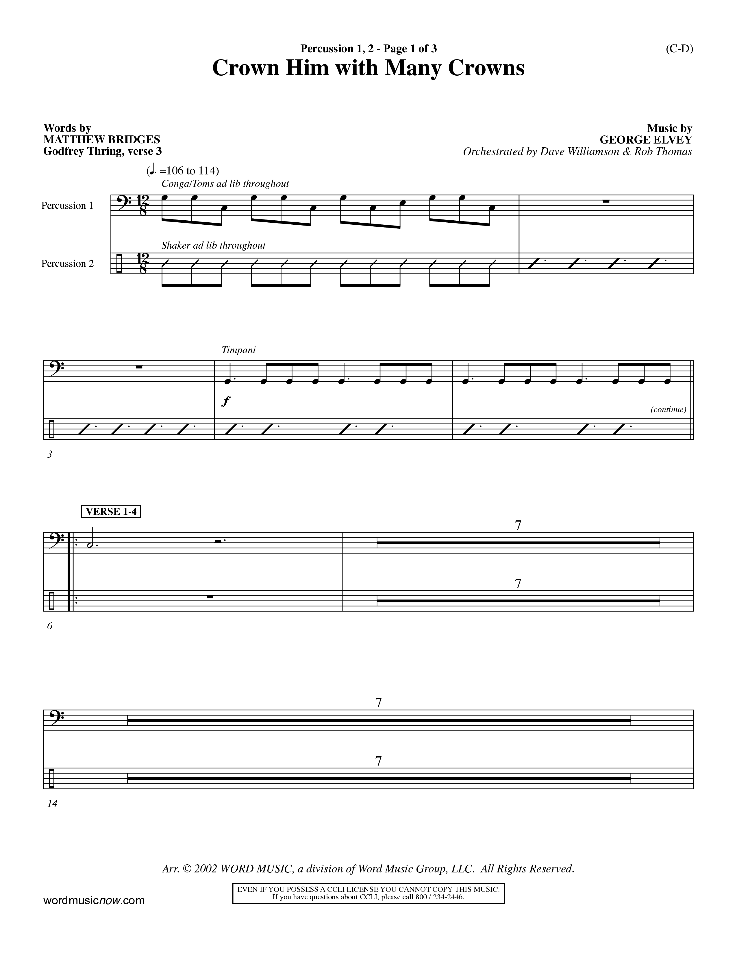 Crown Him With Many Crowns (Choral Anthem SATB) Percussion 1/2 (Word Music Choral / Arr. John Coates / Orch. Dave Williamson / Orch. Rob Thomas)