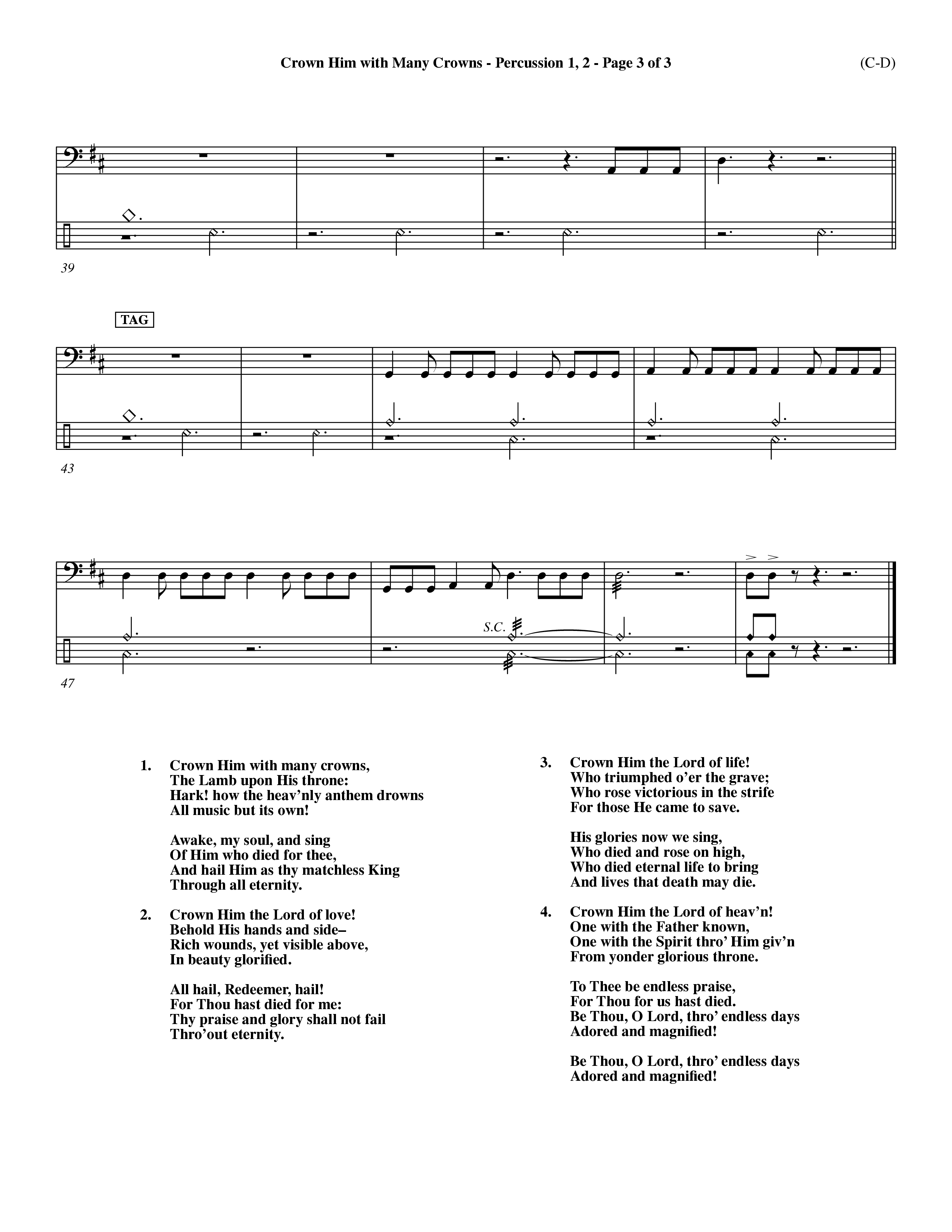 Crown Him With Many Crowns (Choral Anthem SATB) Percussion 1/2 (Word Music Choral / Arr. John Coates / Orch. Dave Williamson / Orch. Rob Thomas)