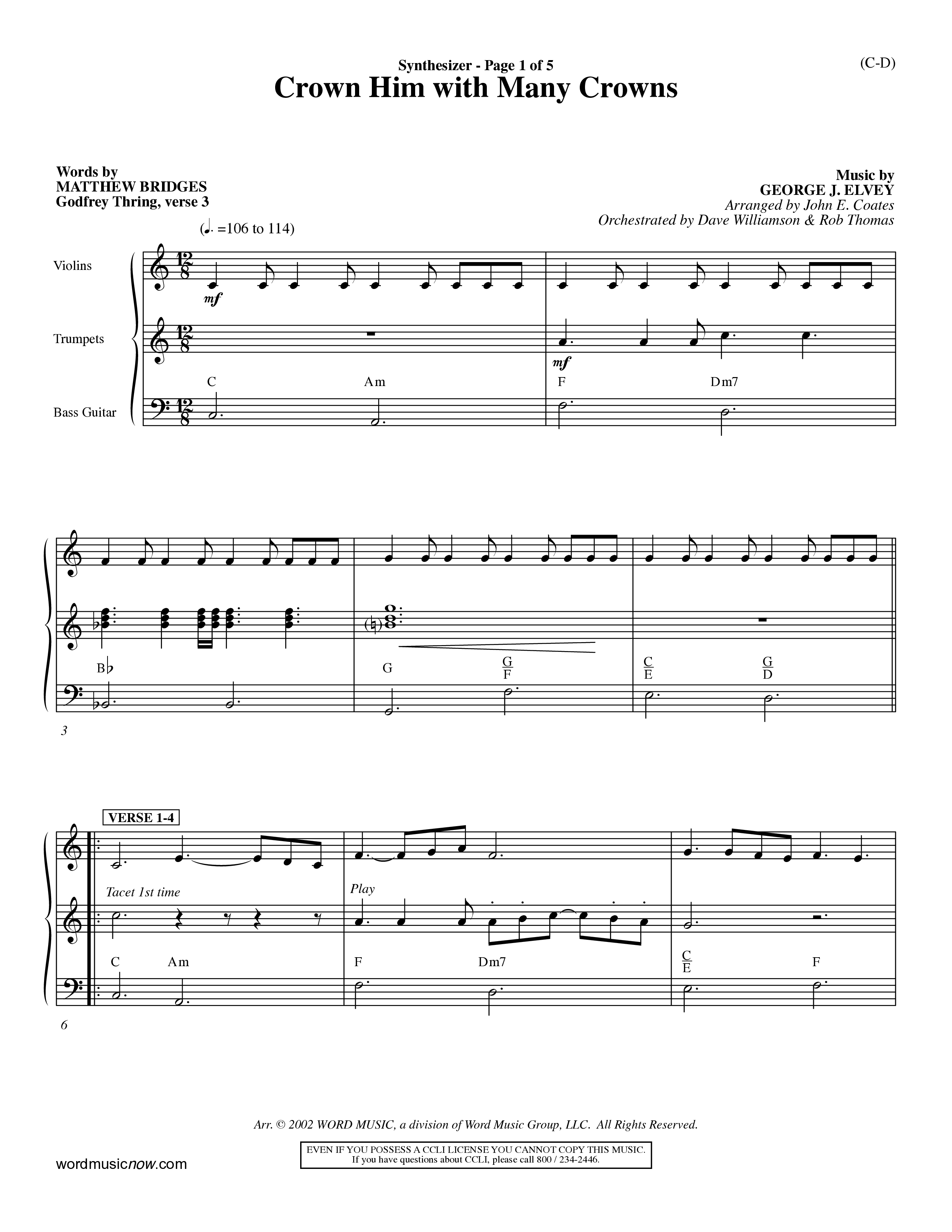 Crown Him With Many Crowns (Choral Anthem SATB) Synth (Word Music Choral / Arr. John Coates / Orch. Dave Williamson / Orch. Rob Thomas)