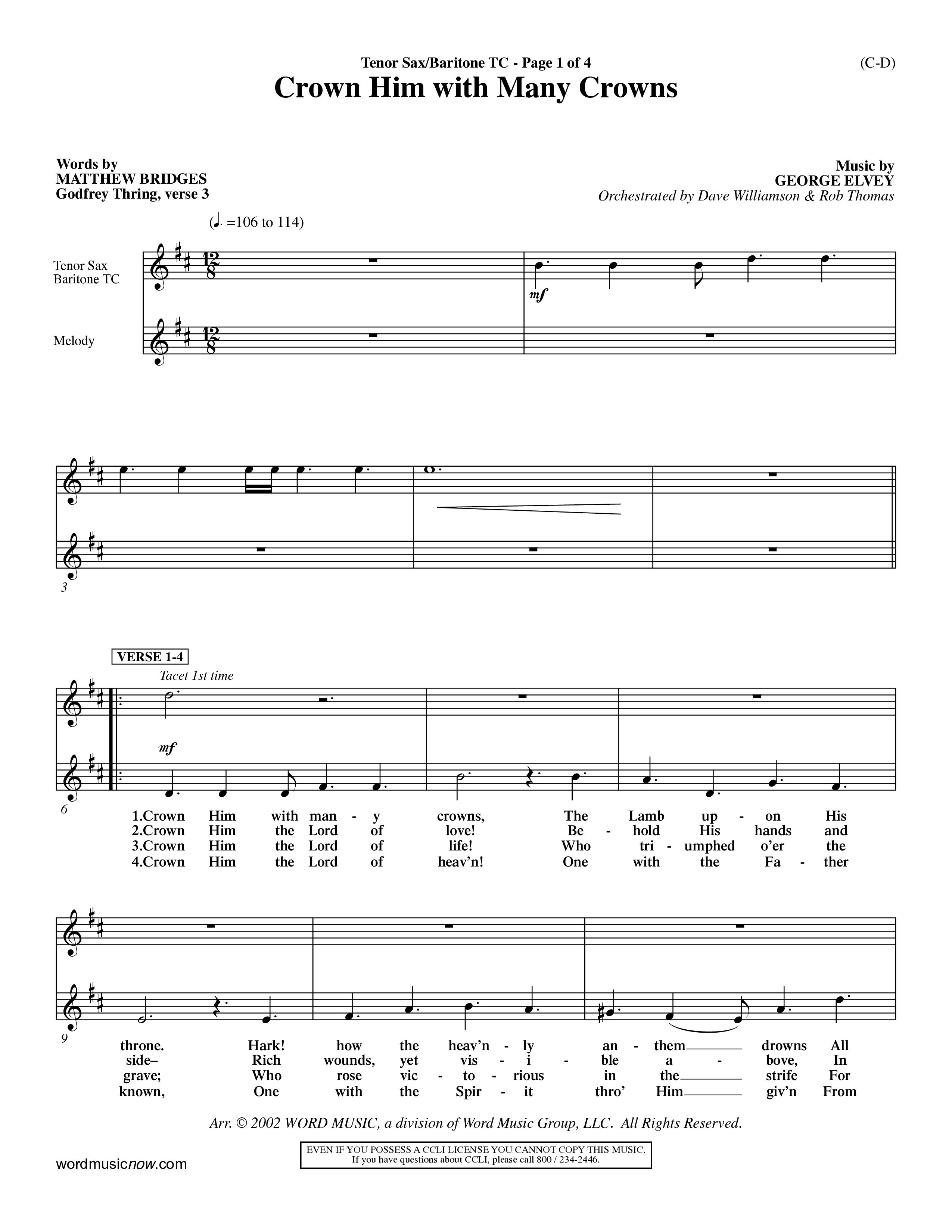 Crown Him With Many Crowns (Choral Anthem SATB) Tenor Sax/Baritone T.C. (Word Music Choral / Arr. John Coates / Orch. Dave Williamson / Orch. Rob Thomas)