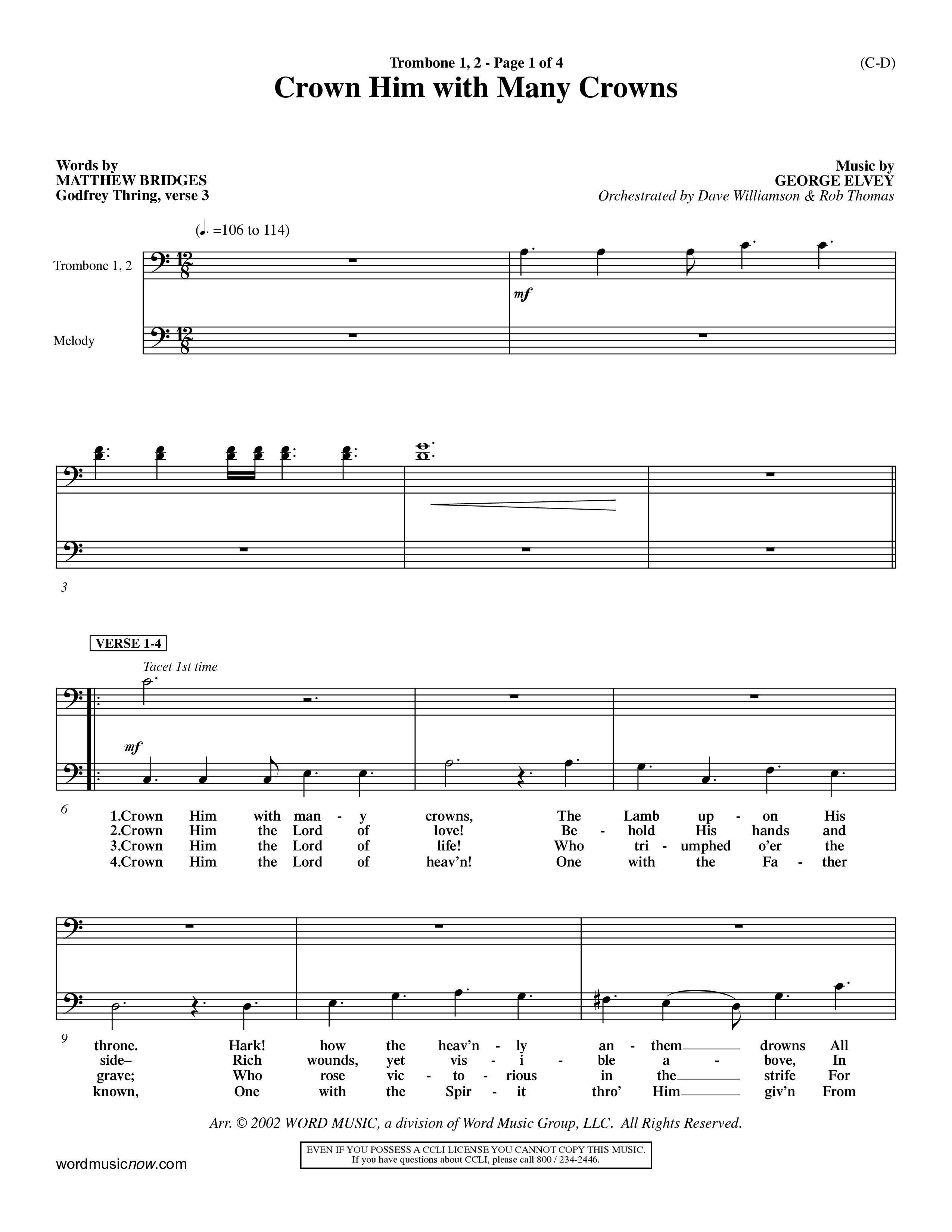 Crown Him With Many Crowns (Choral Anthem SATB) Trombone 1/2 (Word Music Choral / Arr. John Coates / Orch. Dave Williamson / Orch. Rob Thomas)