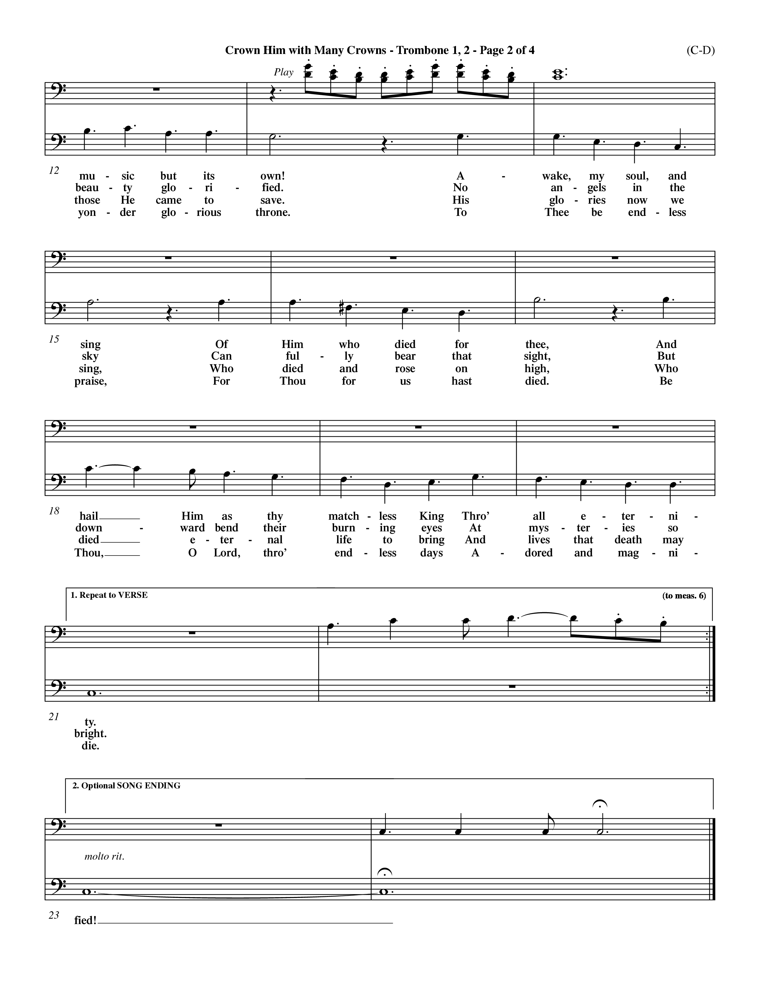 Crown Him With Many Crowns (Choral Anthem SATB) Trombone 1/2 (Word Music Choral / Arr. John Coates / Orch. Dave Williamson / Orch. Rob Thomas)