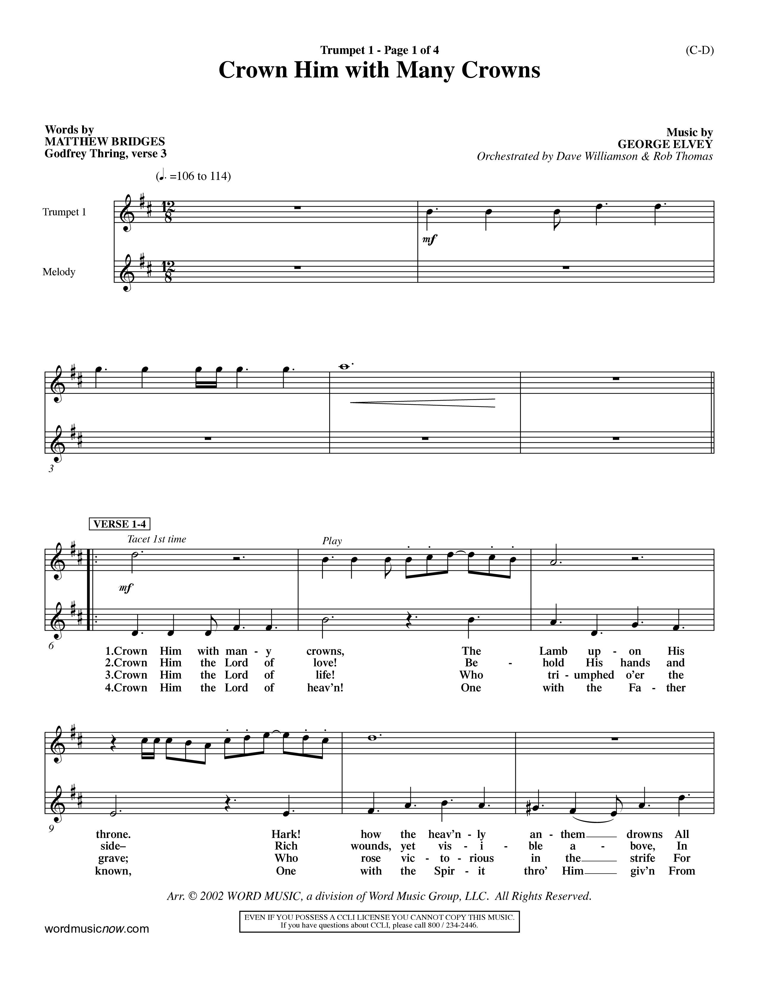 Crown Him With Many Crowns (Choral Anthem SATB) Trumpet 1 (Word Music Choral / Arr. John Coates / Orch. Dave Williamson / Orch. Rob Thomas)