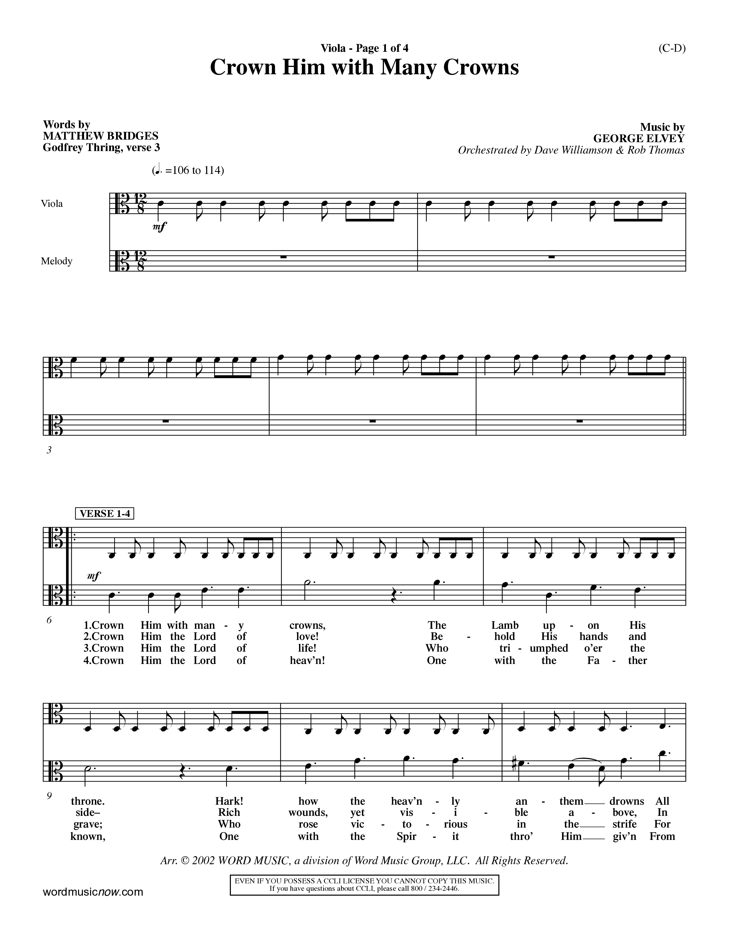Crown Him With Many Crowns (Choral Anthem SATB) Viola (Word Music Choral / Arr. John Coates / Orch. Dave Williamson / Orch. Rob Thomas)