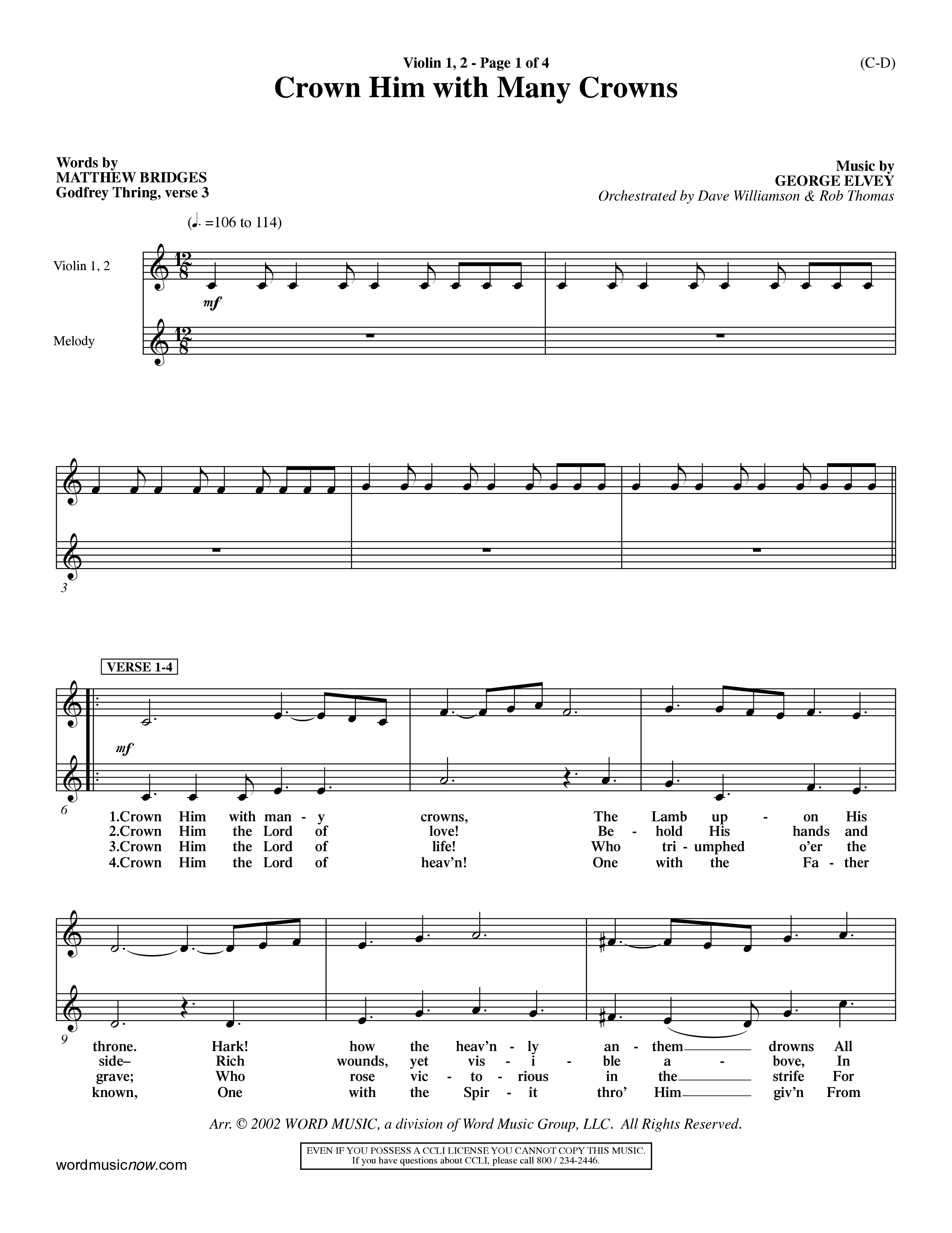 Crown Him With Many Crowns (Choral Anthem SATB) Violin 1/2 (Word Music Choral / Arr. John Coates / Orch. Dave Williamson / Orch. Rob Thomas)