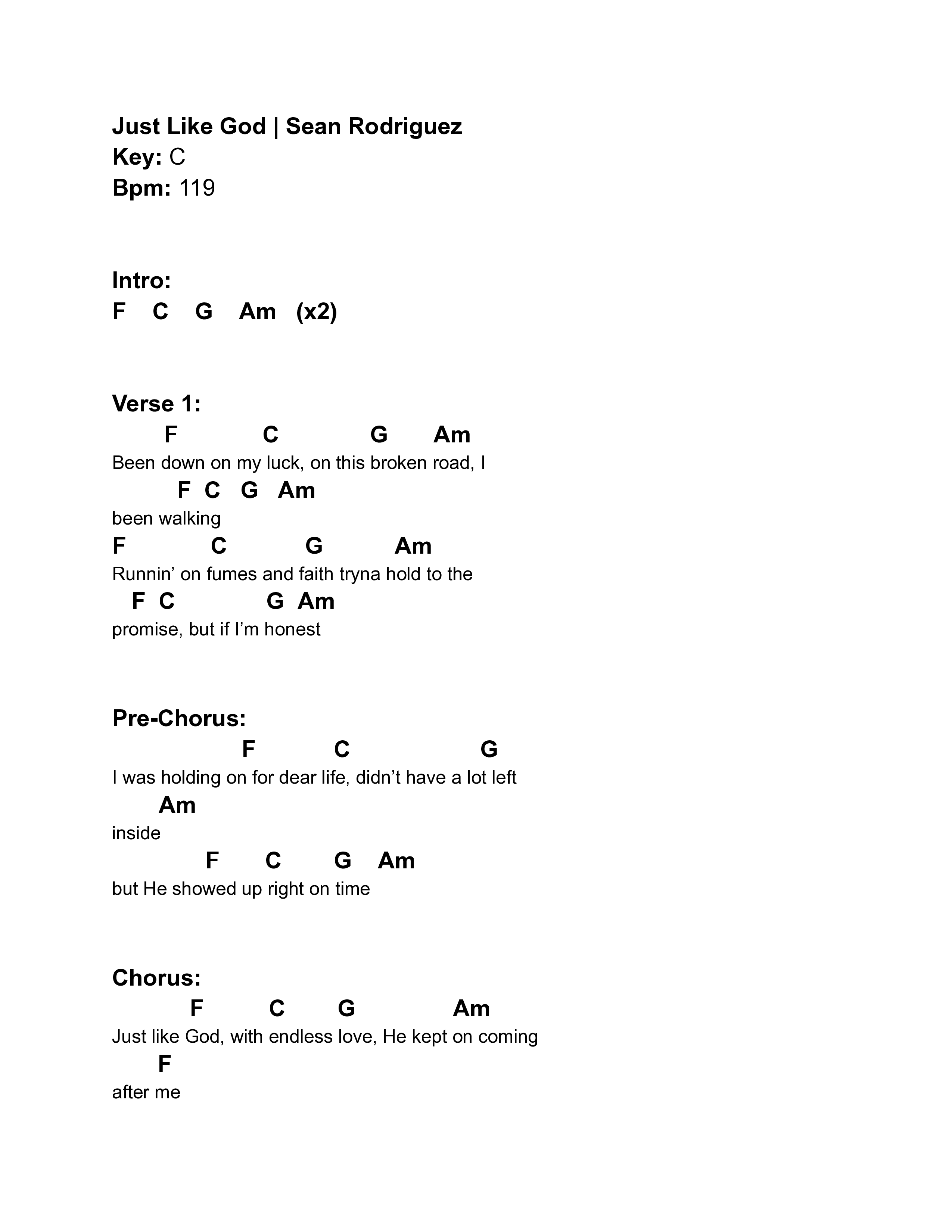 Just Like God Chord Chart (Sean Rodriguez)