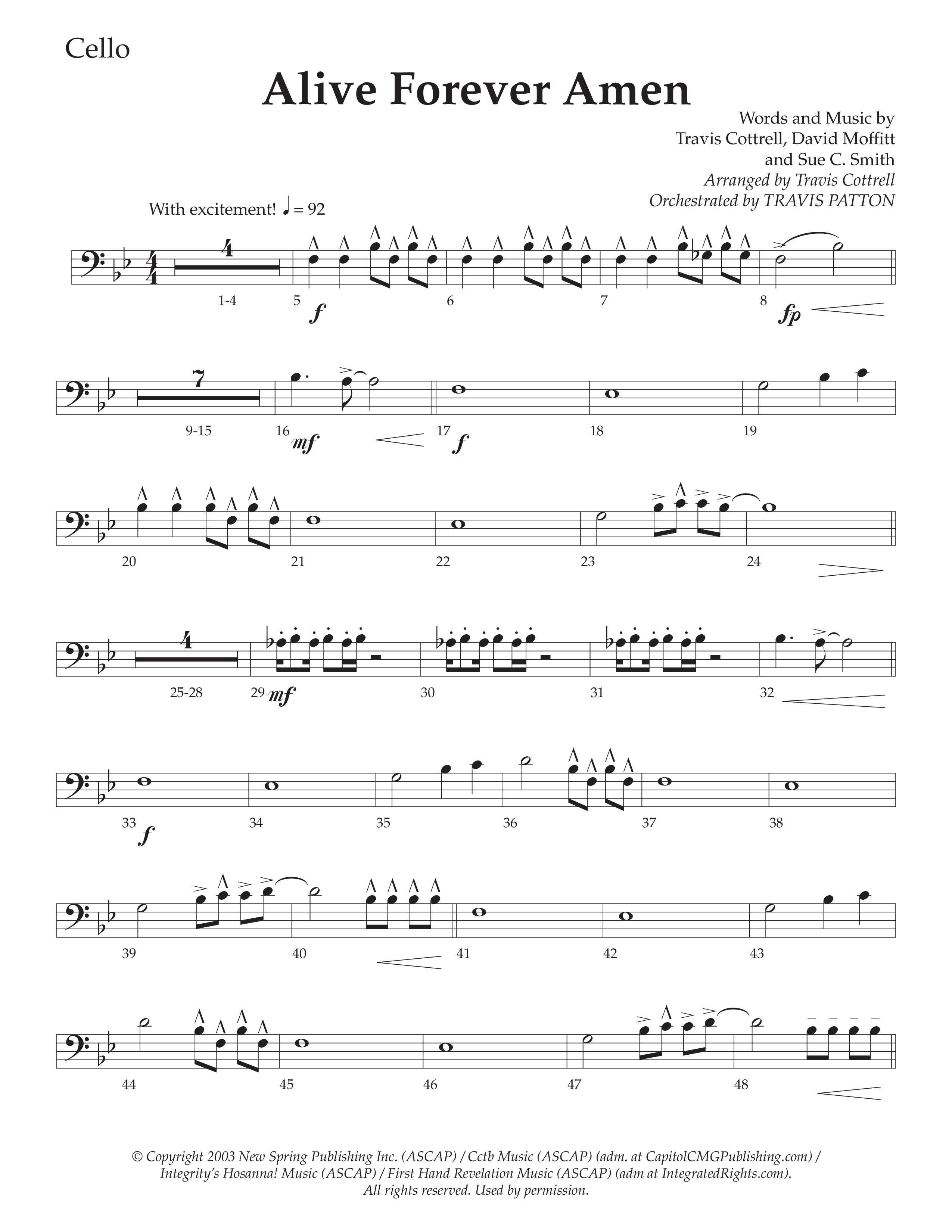 Alive Forever Amen (Choral Anthem SATB) Cello (Daywind Worship / Arr. Travis Cottrell / Orch. Travis Patton)