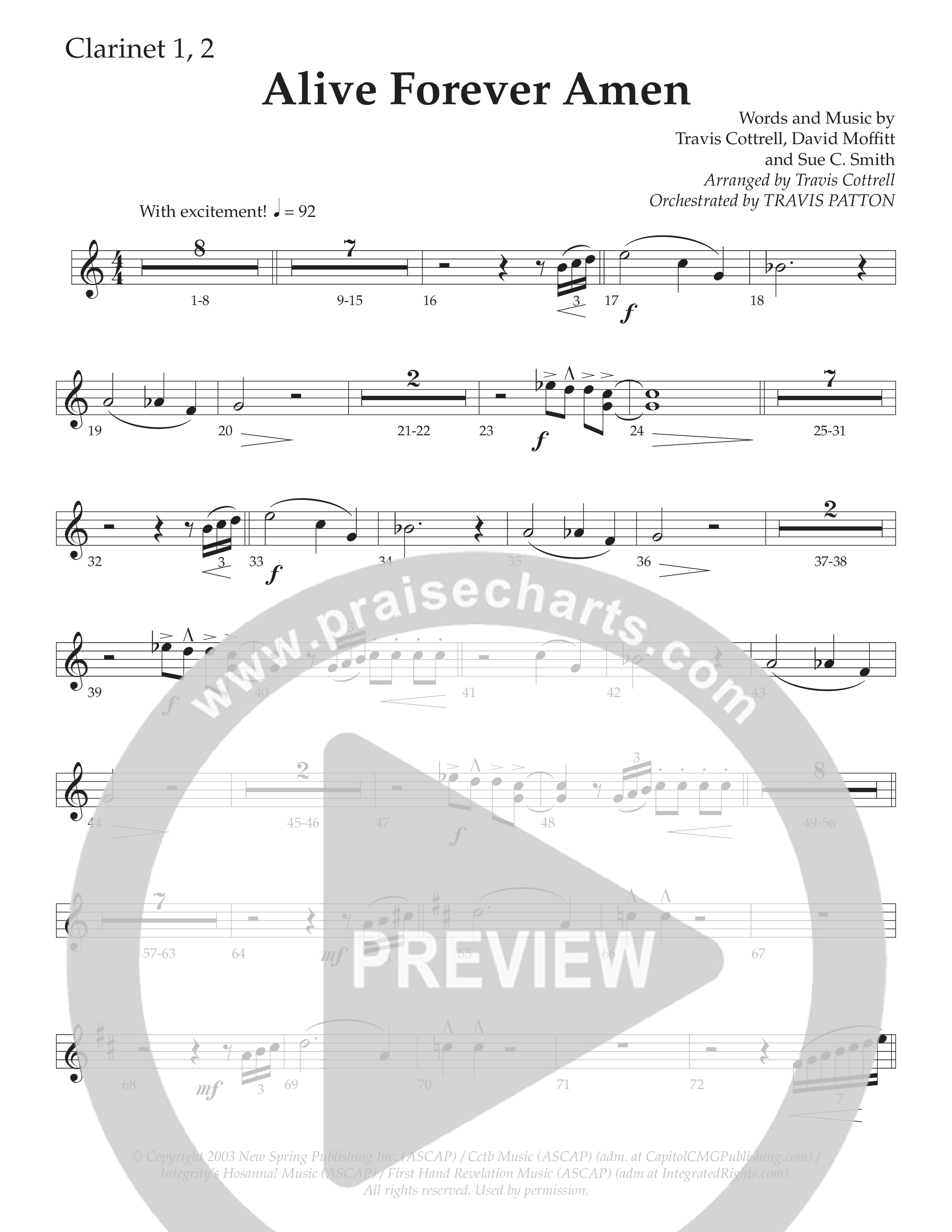 Alive Forever Amen (Choral Anthem SATB) Clarinet 1/2 (Daywind Worship / Arr. Travis Cottrell / Orch. Travis Patton)
