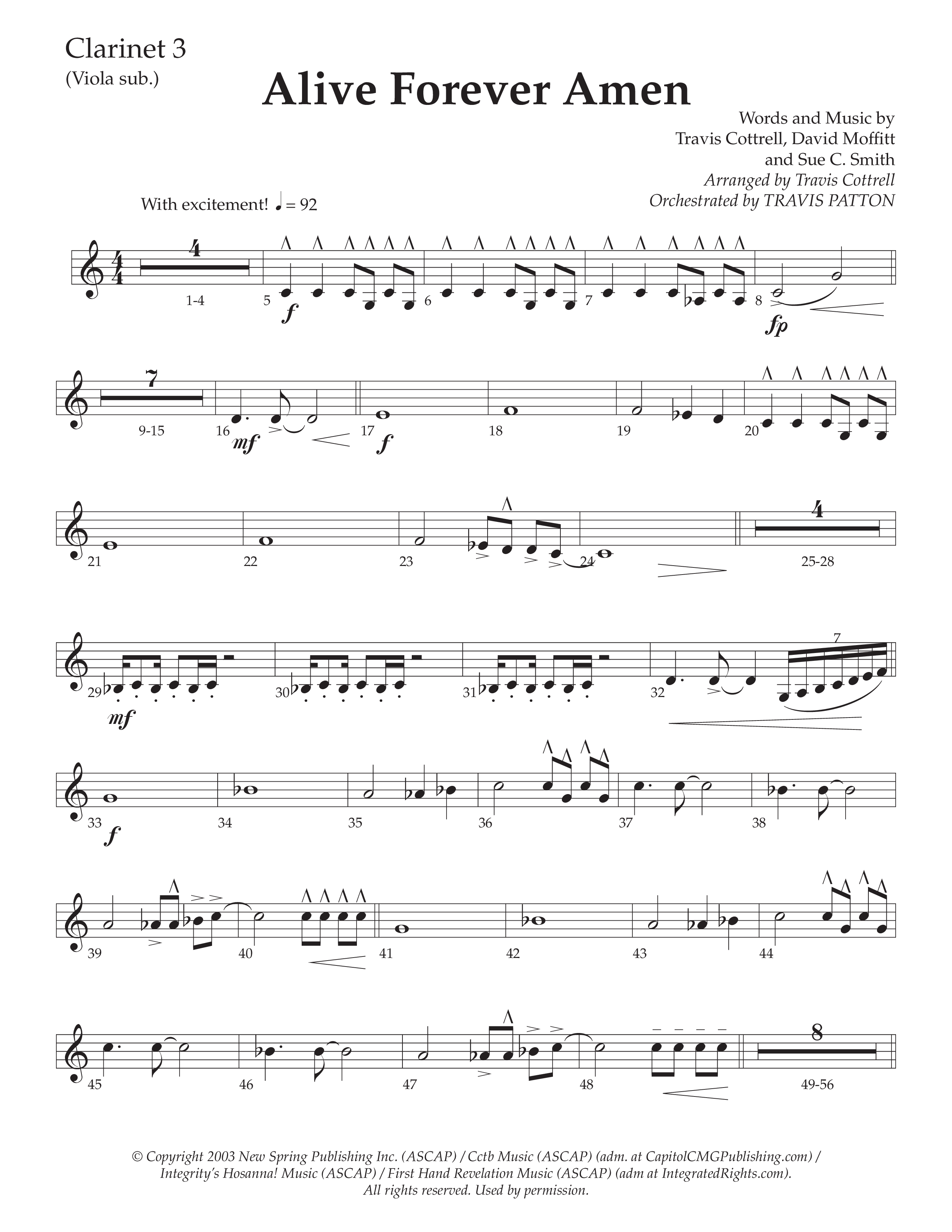 Alive Forever Amen (Choral Anthem SATB) Clarinet 3 (Daywind Worship / Arr. Travis Cottrell / Orch. Travis Patton)