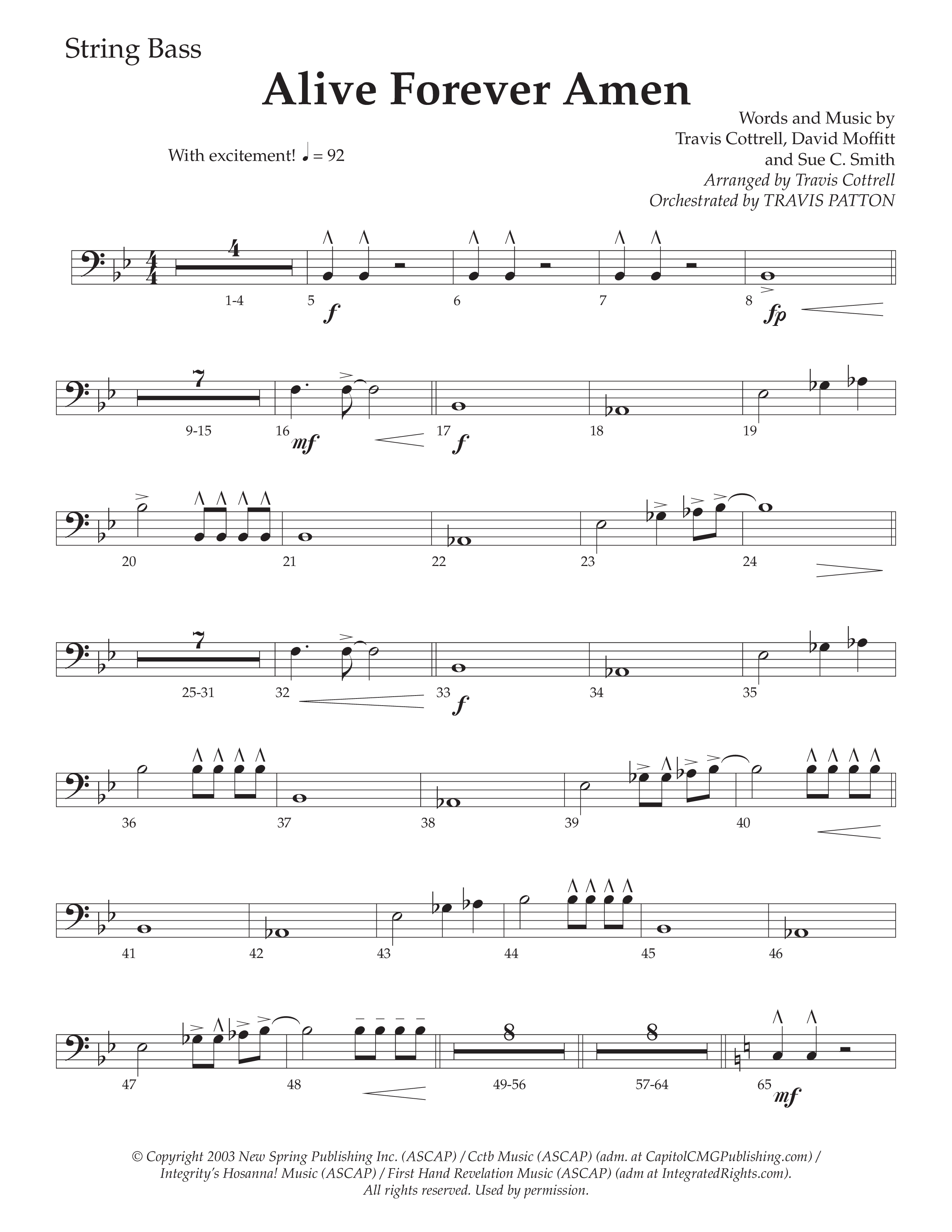 Alive Forever Amen (Choral Anthem SATB) String Bass (Daywind Worship / Arr. Travis Cottrell / Orch. Travis Patton)