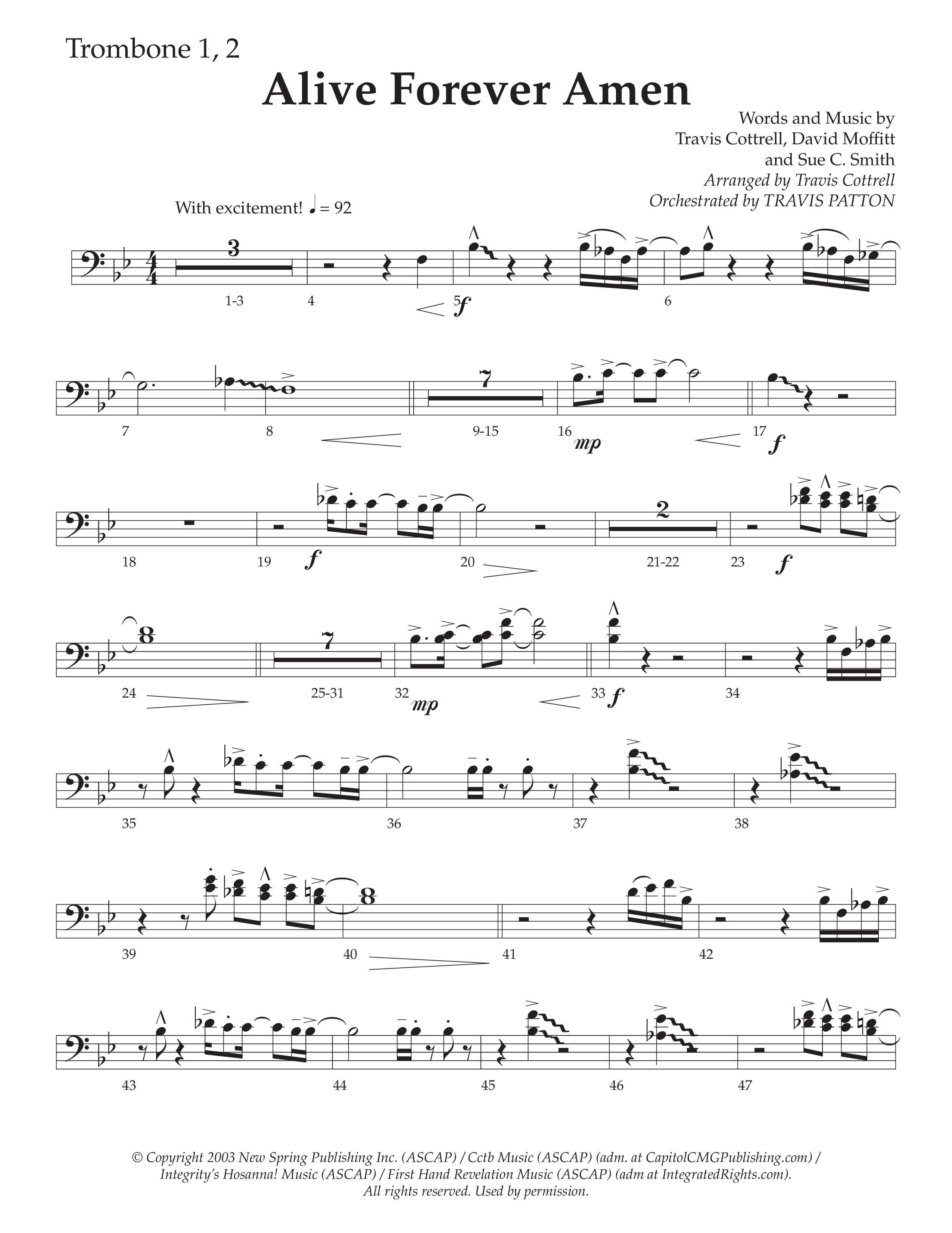 Alive Forever Amen (Choral Anthem SATB) Trombone 1/2 (Daywind Worship / Arr. Travis Cottrell / Orch. Travis Patton)