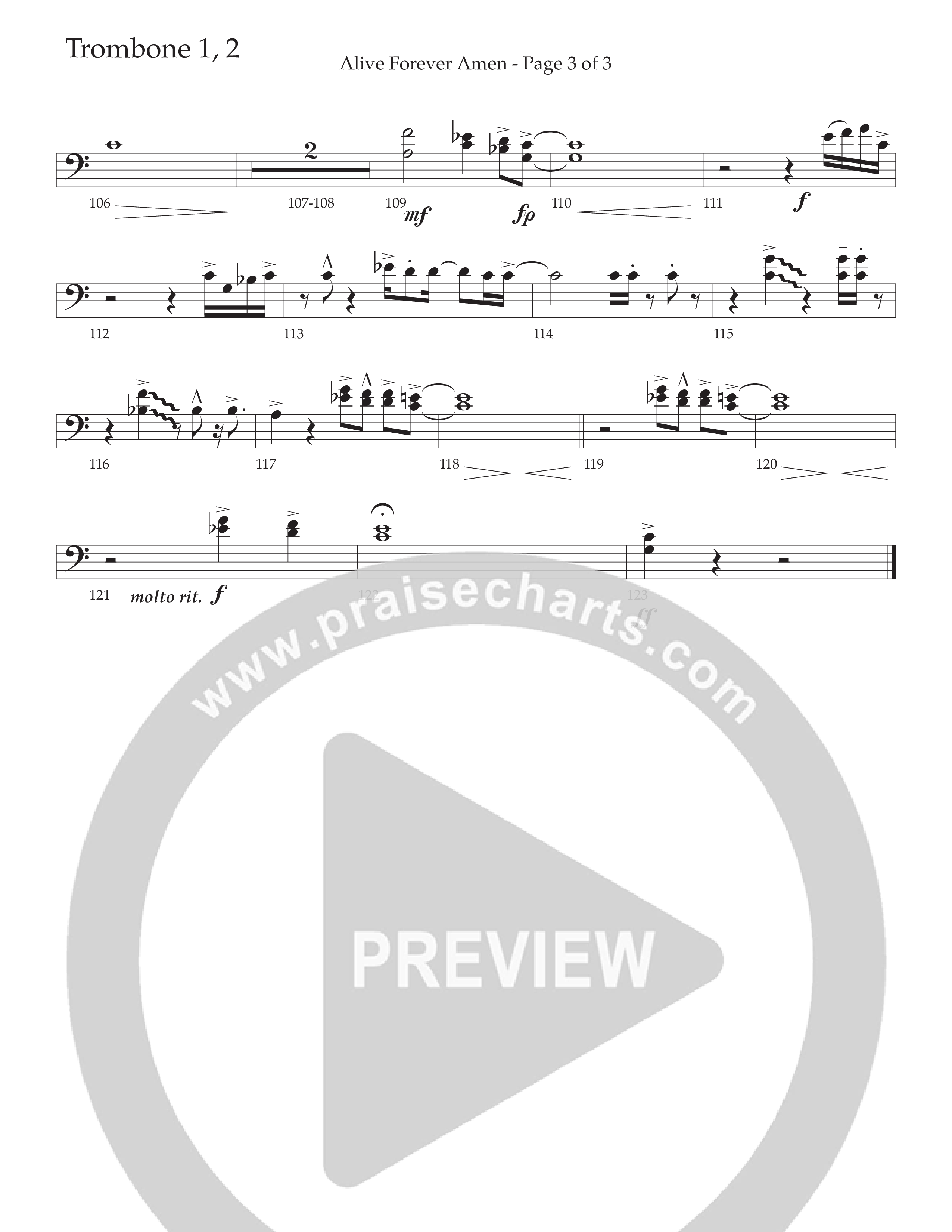 Alive Forever Amen (Choral Anthem SATB) Trombone 1/2 (Daywind Worship / Arr. Travis Cottrell / Orch. Travis Patton)