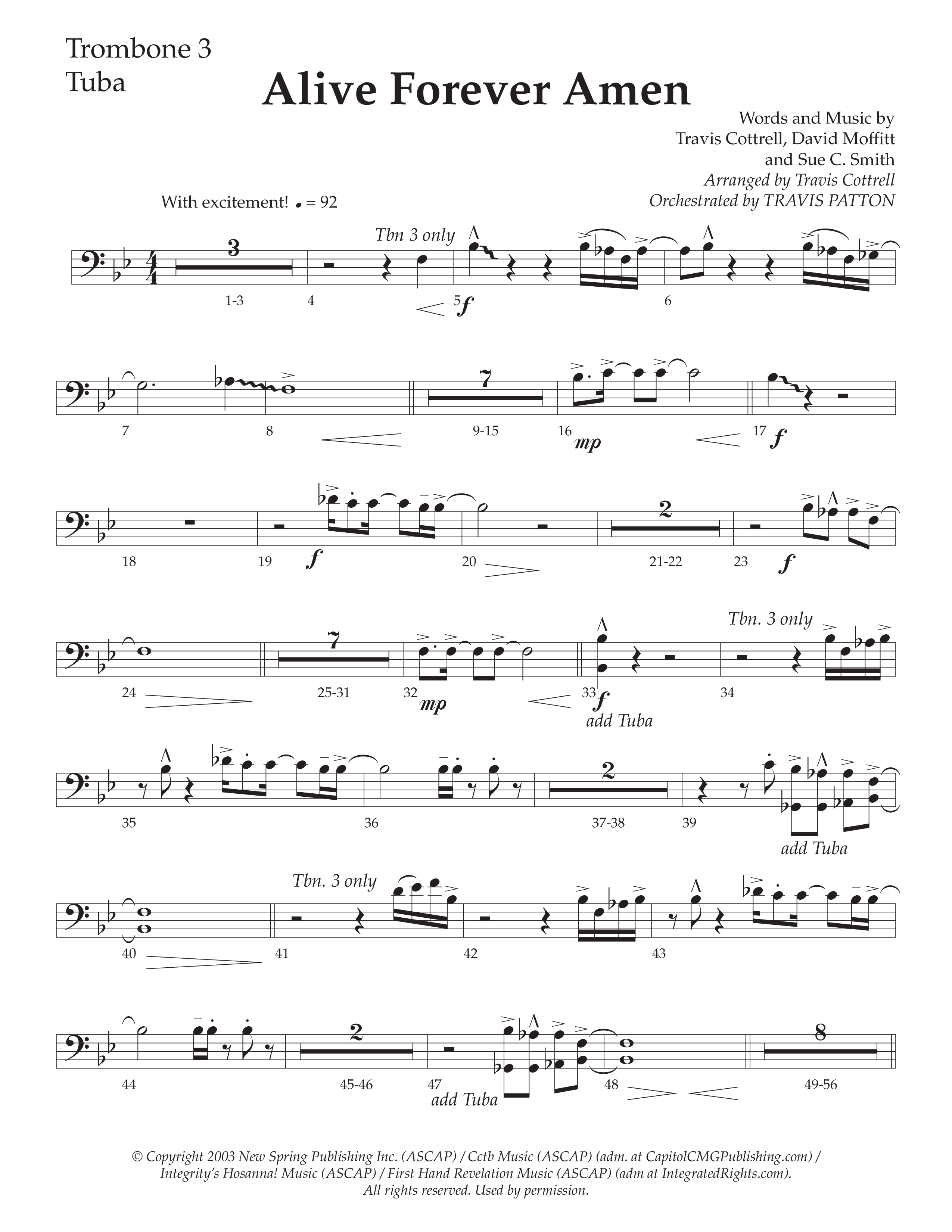 Alive Forever Amen (Choral Anthem SATB) Trombone 3/Tuba (Daywind Worship / Arr. Travis Cottrell / Orch. Travis Patton)