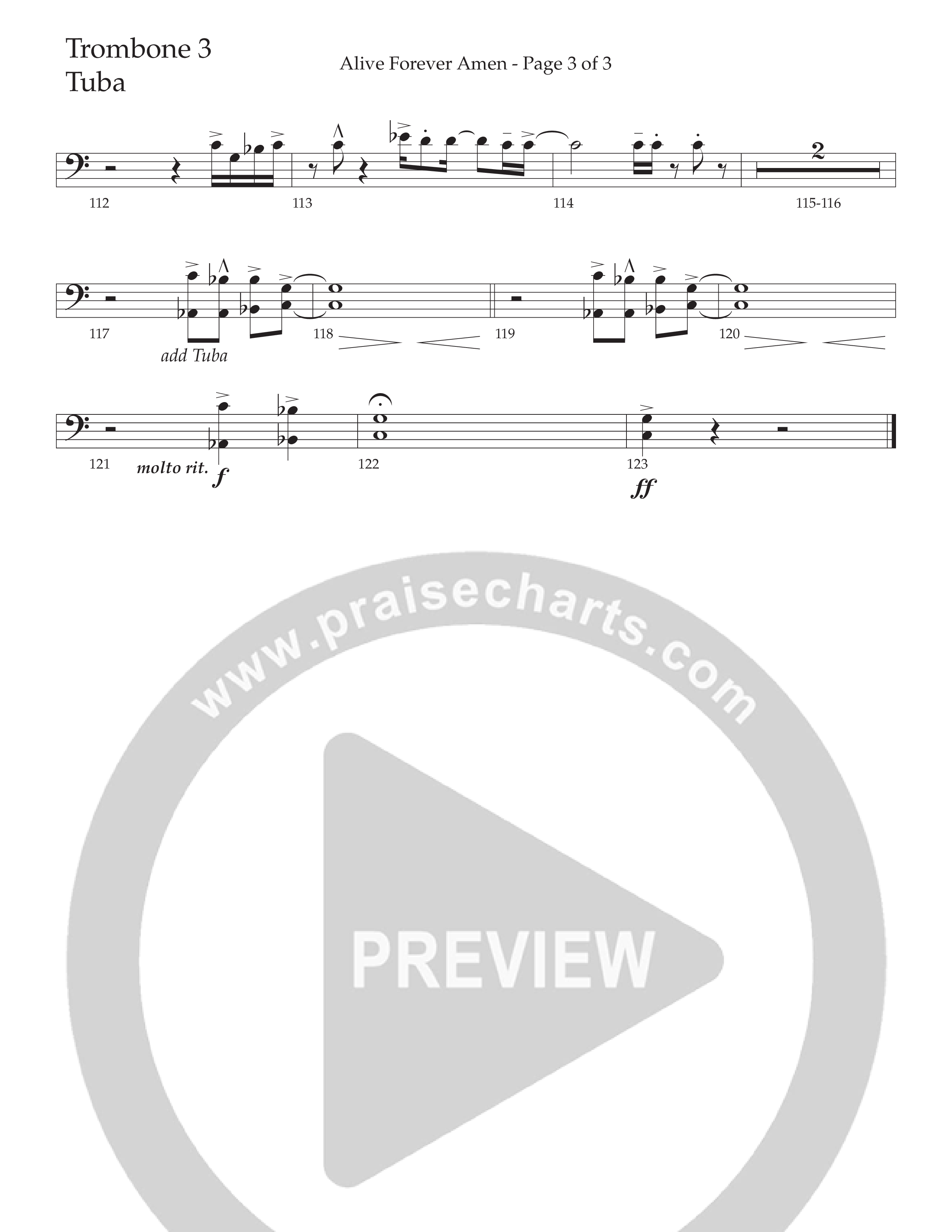 Alive Forever Amen (Choral Anthem SATB) Trombone 3/Tuba (Daywind Worship / Arr. Travis Cottrell / Orch. Travis Patton)