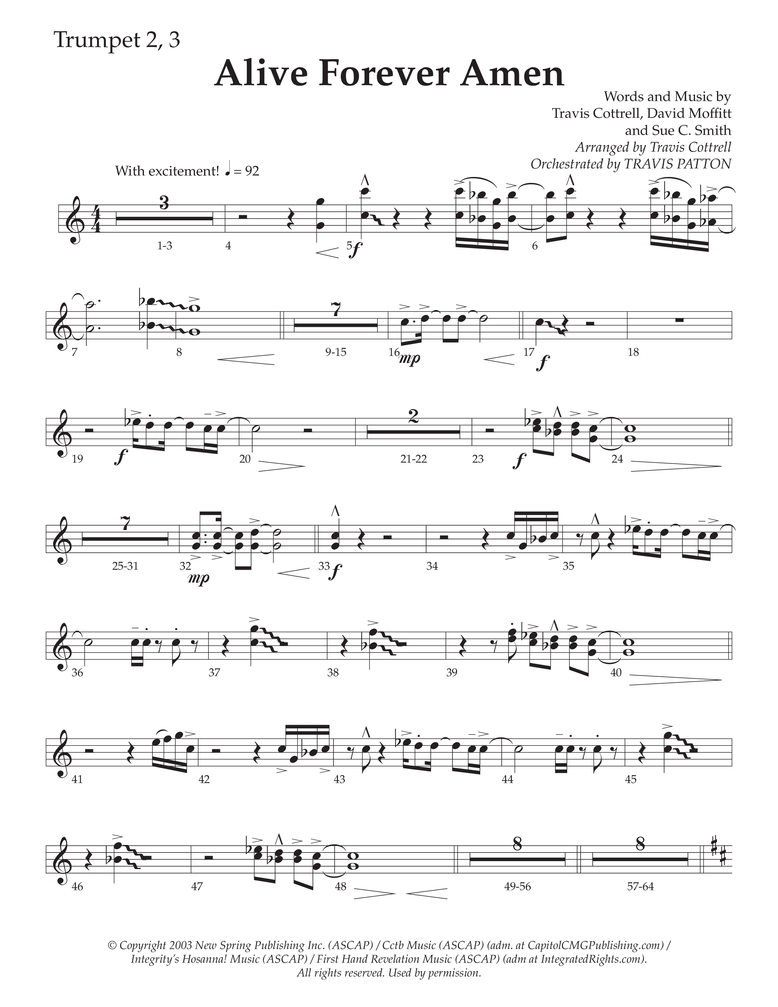 Alive Forever Amen (Choral Anthem SATB) Trumpet 2/3 (Daywind Worship / Arr. Travis Cottrell / Orch. Travis Patton)