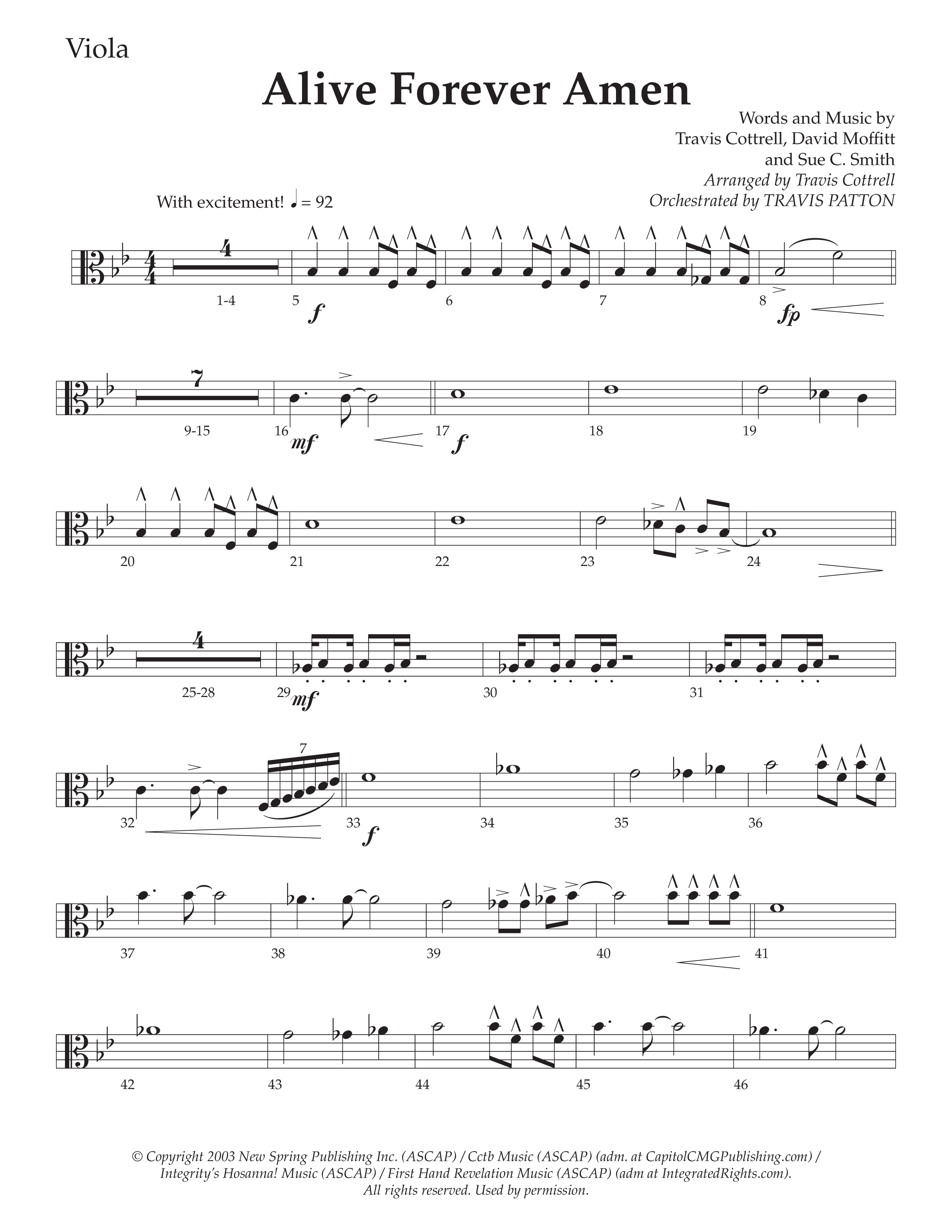 Alive Forever Amen (Choral Anthem SATB) Viola (Daywind Worship / Arr. Travis Cottrell / Orch. Travis Patton)