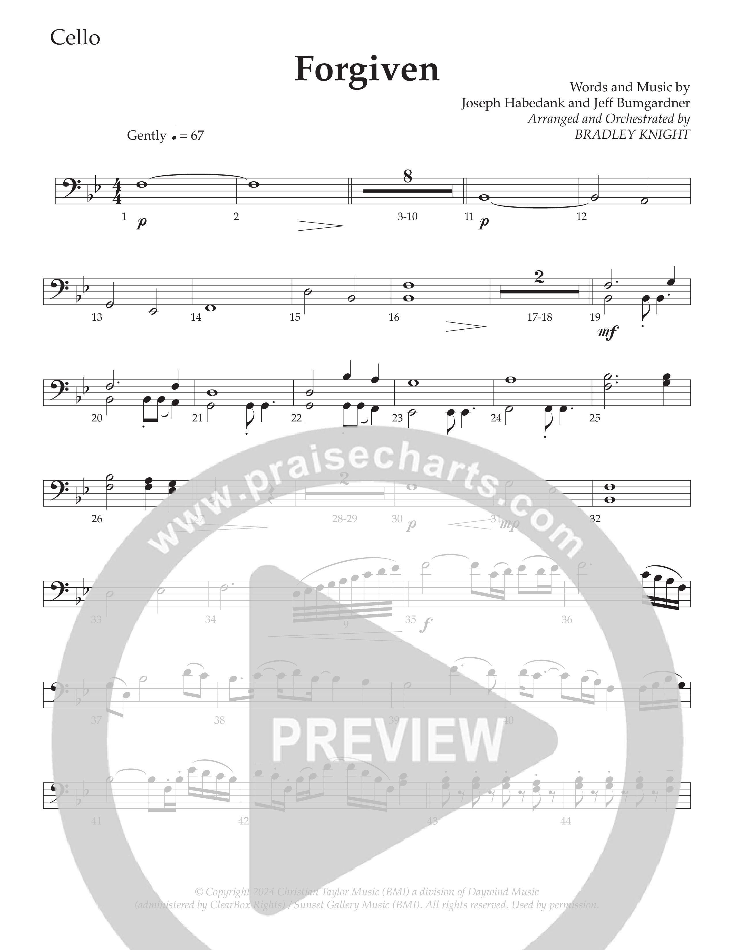 Forgiven (Choral Anthem SATB) Cello (Daywind Worship / Arr. Bradley Knight)