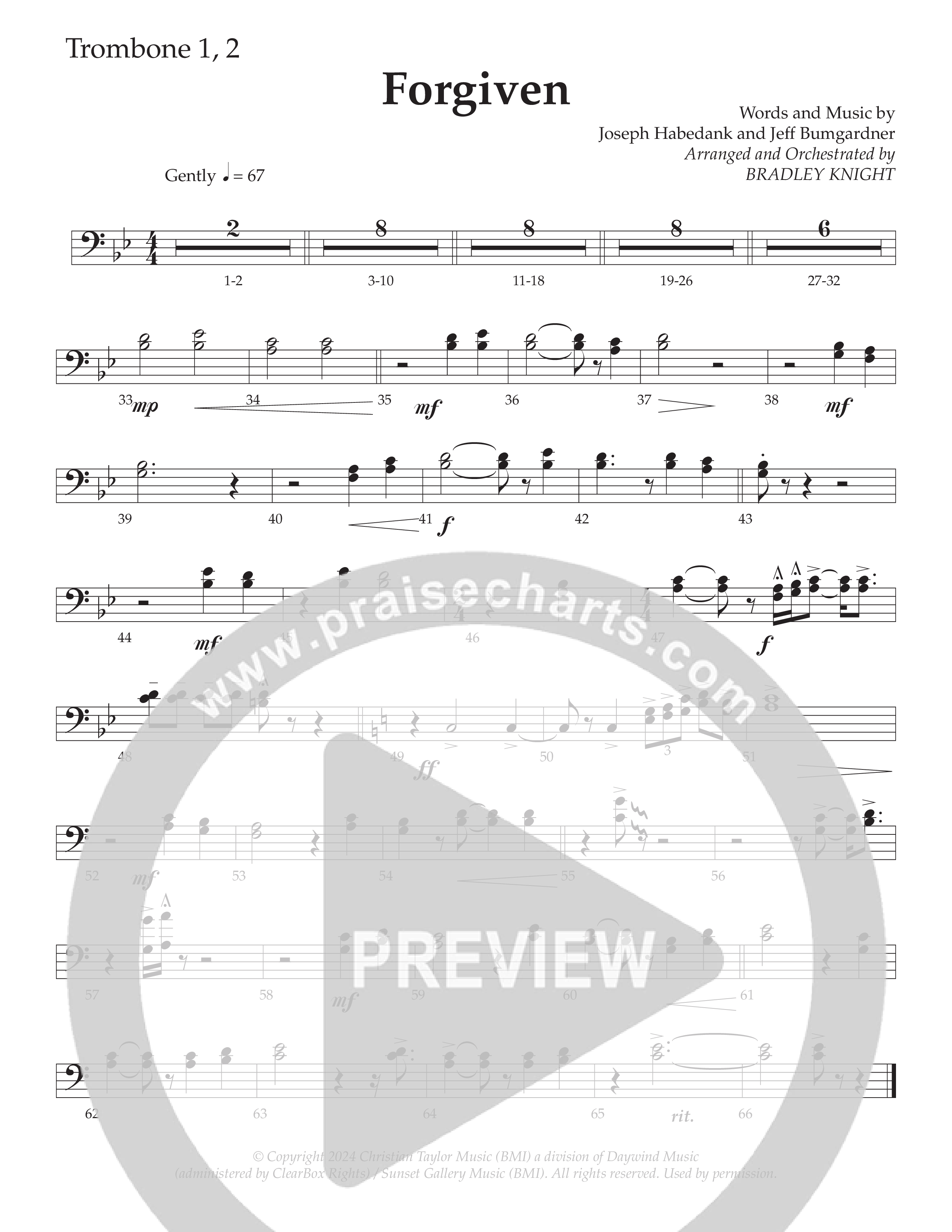 Forgiven (Choral Anthem SATB) Trombone 1/2 (Daywind Worship / Arr. Bradley Knight)