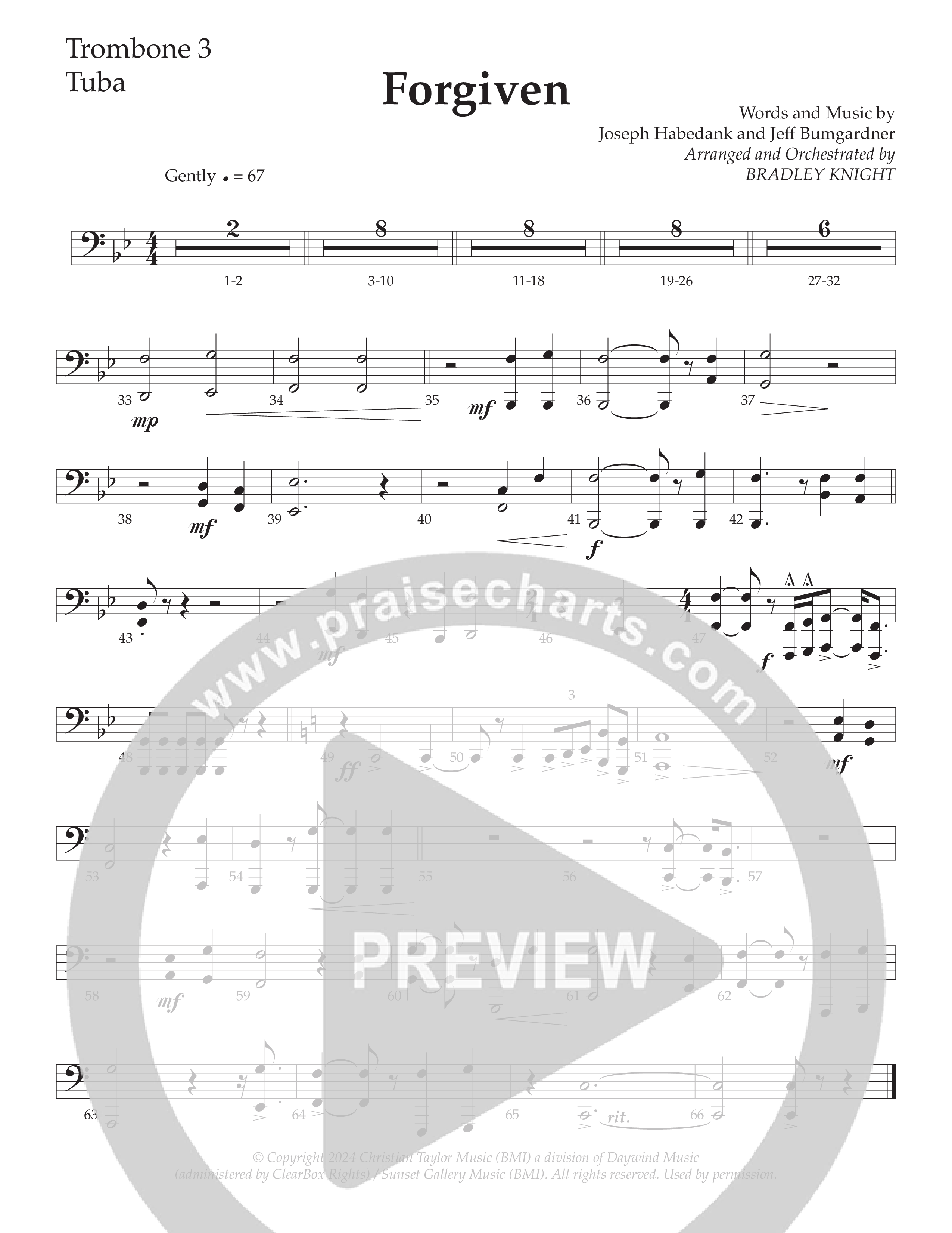 Forgiven (Choral Anthem SATB) Trombone 3/Tuba (Daywind Worship / Arr. Bradley Knight)