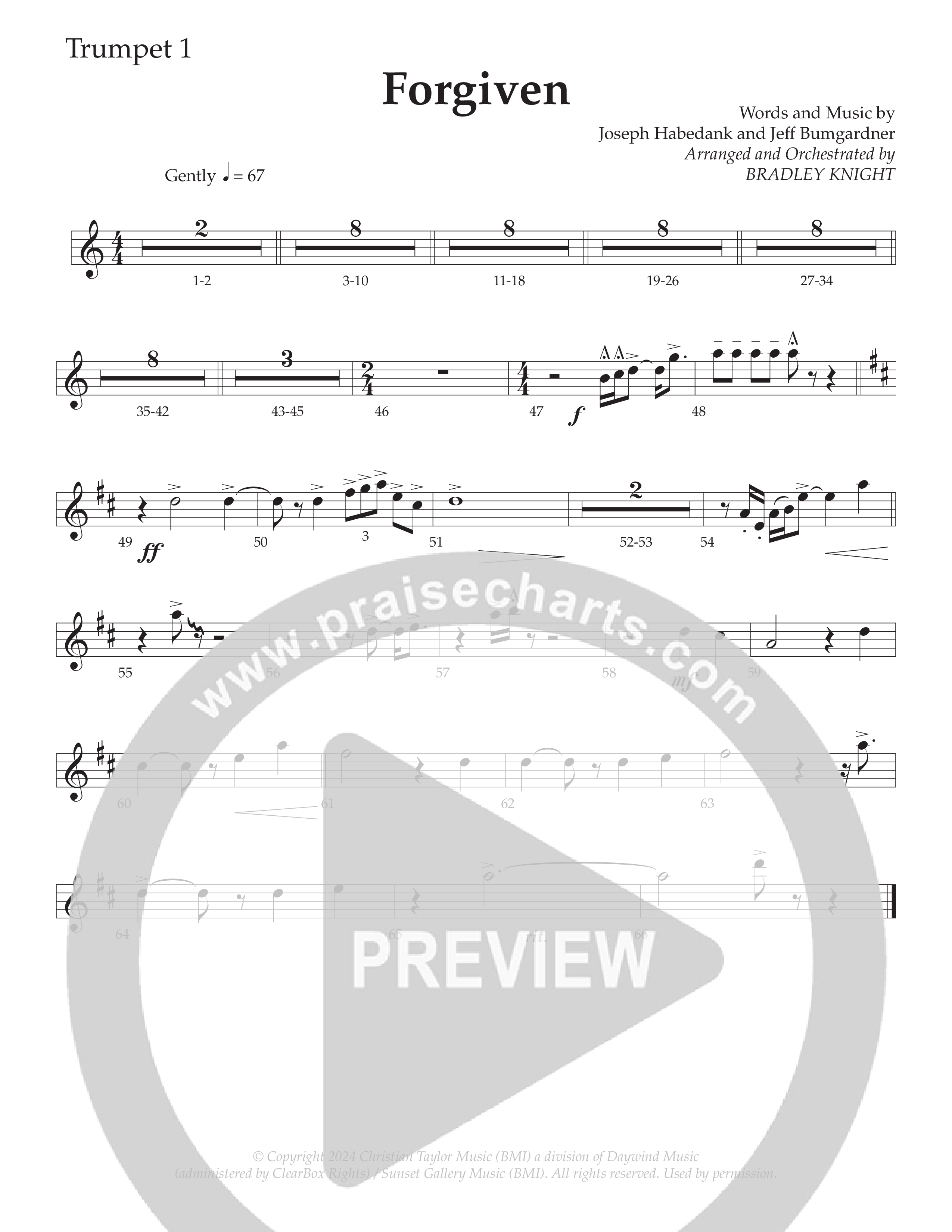 Forgiven (Choral Anthem SATB) Trumpet 1 (Daywind Worship / Arr. Bradley Knight)