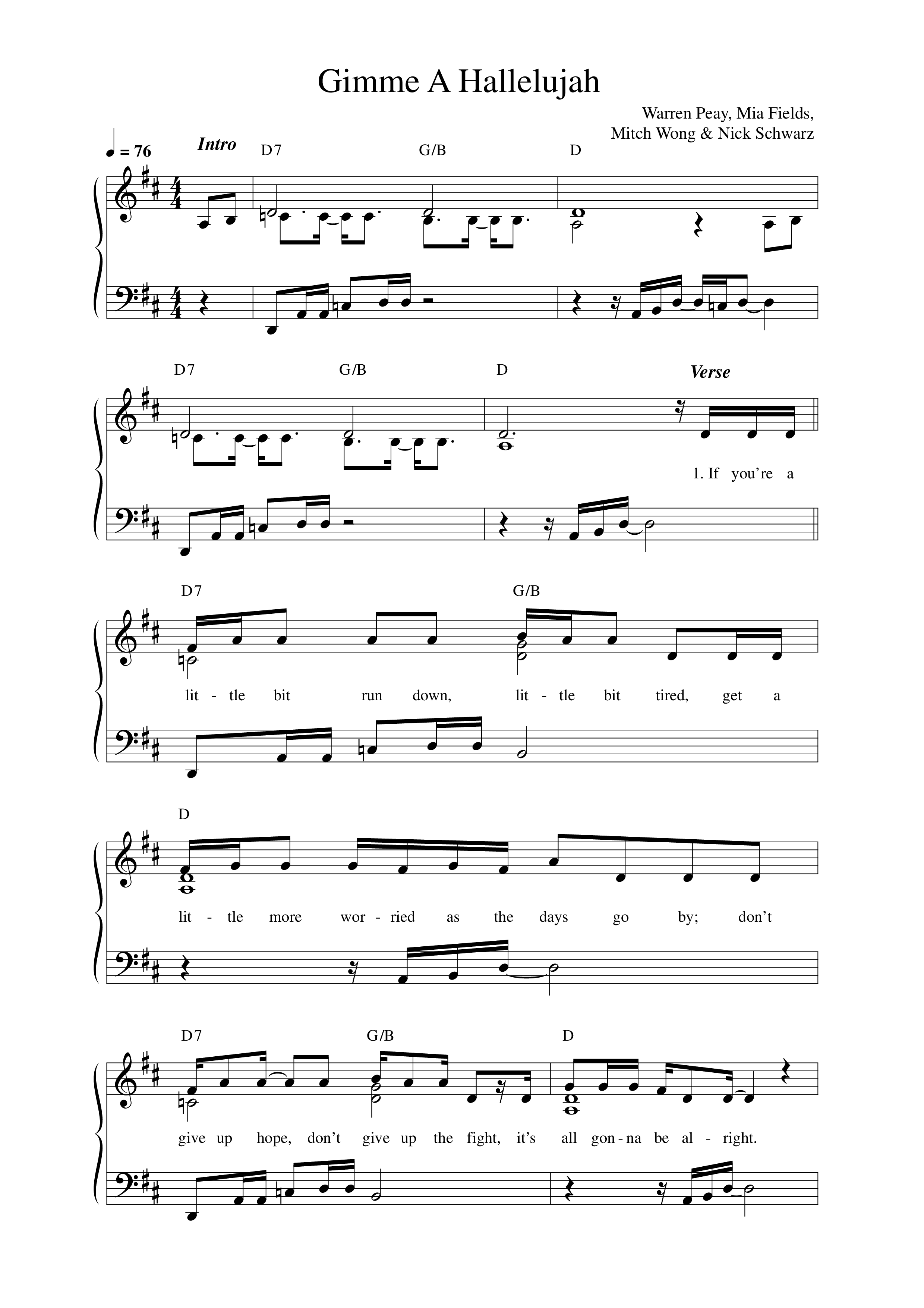 Gimme A Hallelujah Lead Sheet Melody (Warren Peay)
