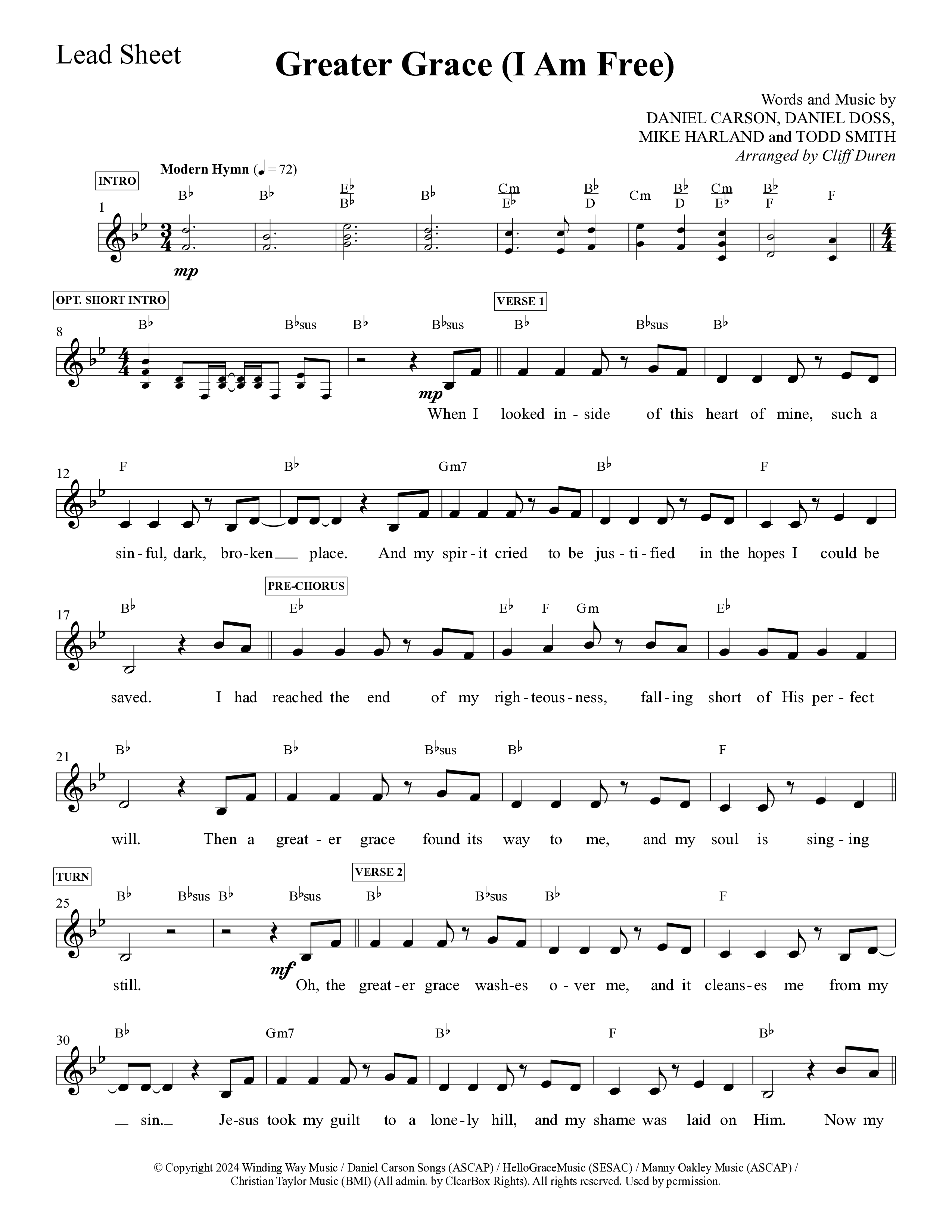 Greater Grace (I'm Free) (Choral Anthem SATB) Lead Sheet Melody (Daywind Worship / Arr. Cliff Duren)