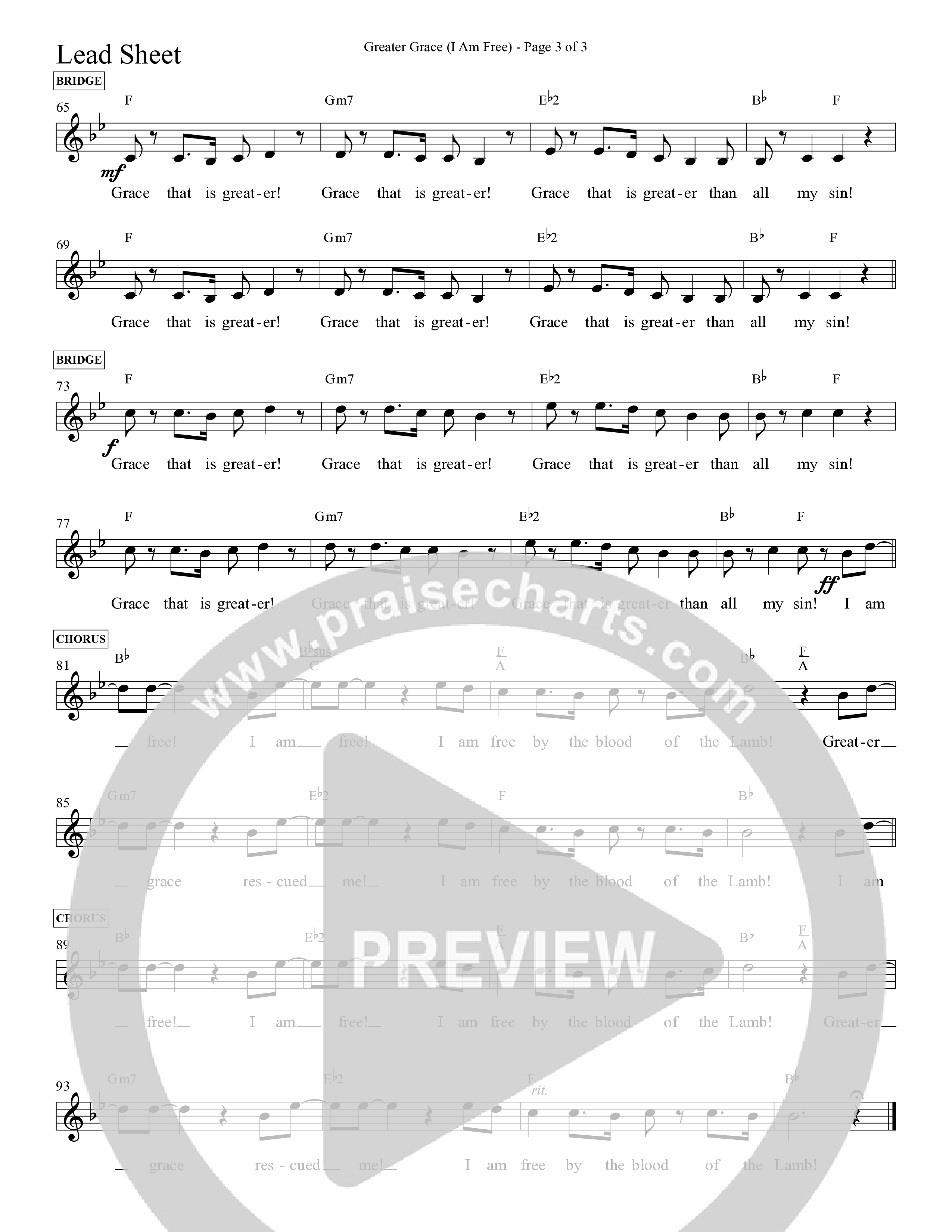 Greater Grace (I'm Free) (Choral Anthem SATB) Lead Sheet Melody (Daywind Worship / Arr. Cliff Duren)