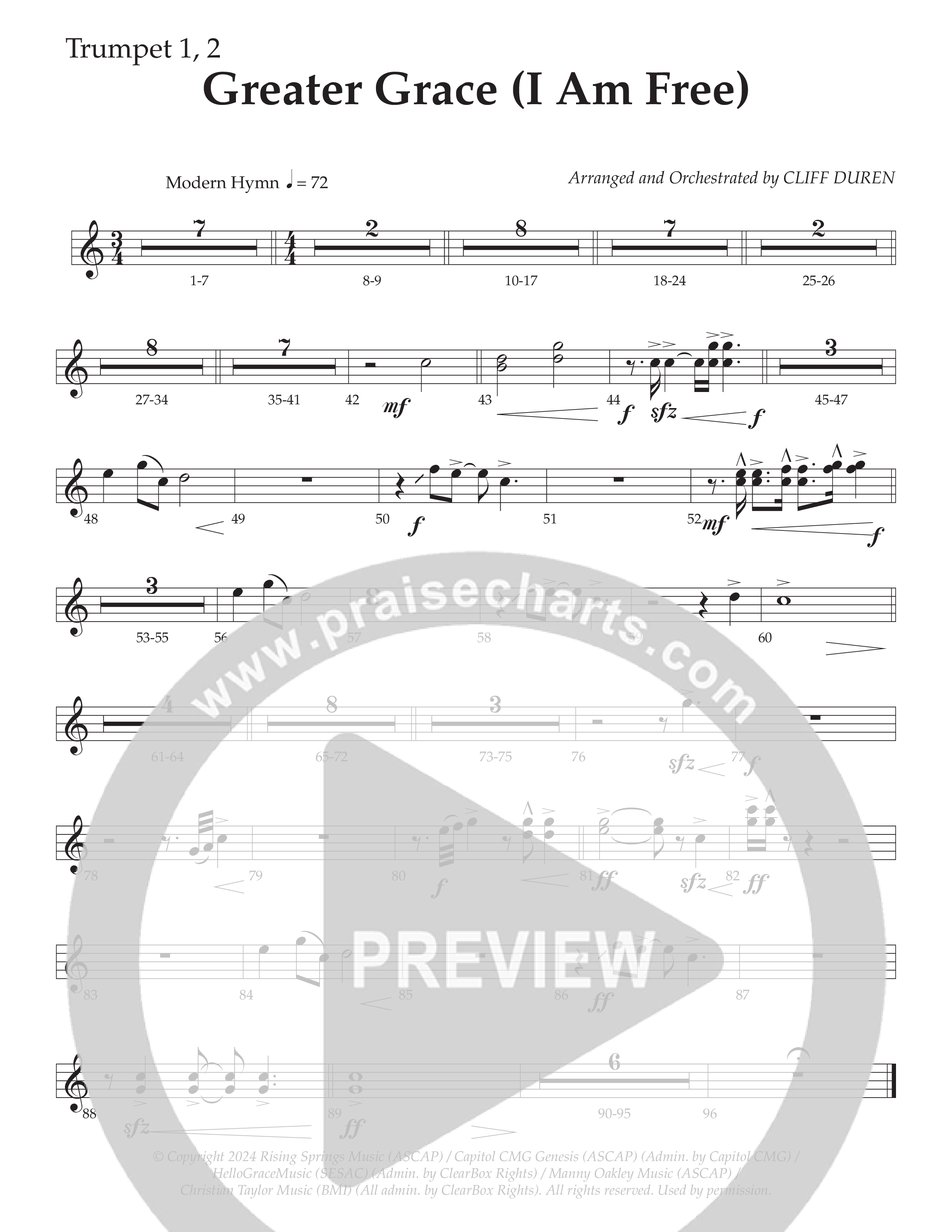 Greater Grace (I'm Free) (Choral Anthem SATB) Trumpet 1,2 (Daywind Worship / Arr. Cliff Duren)