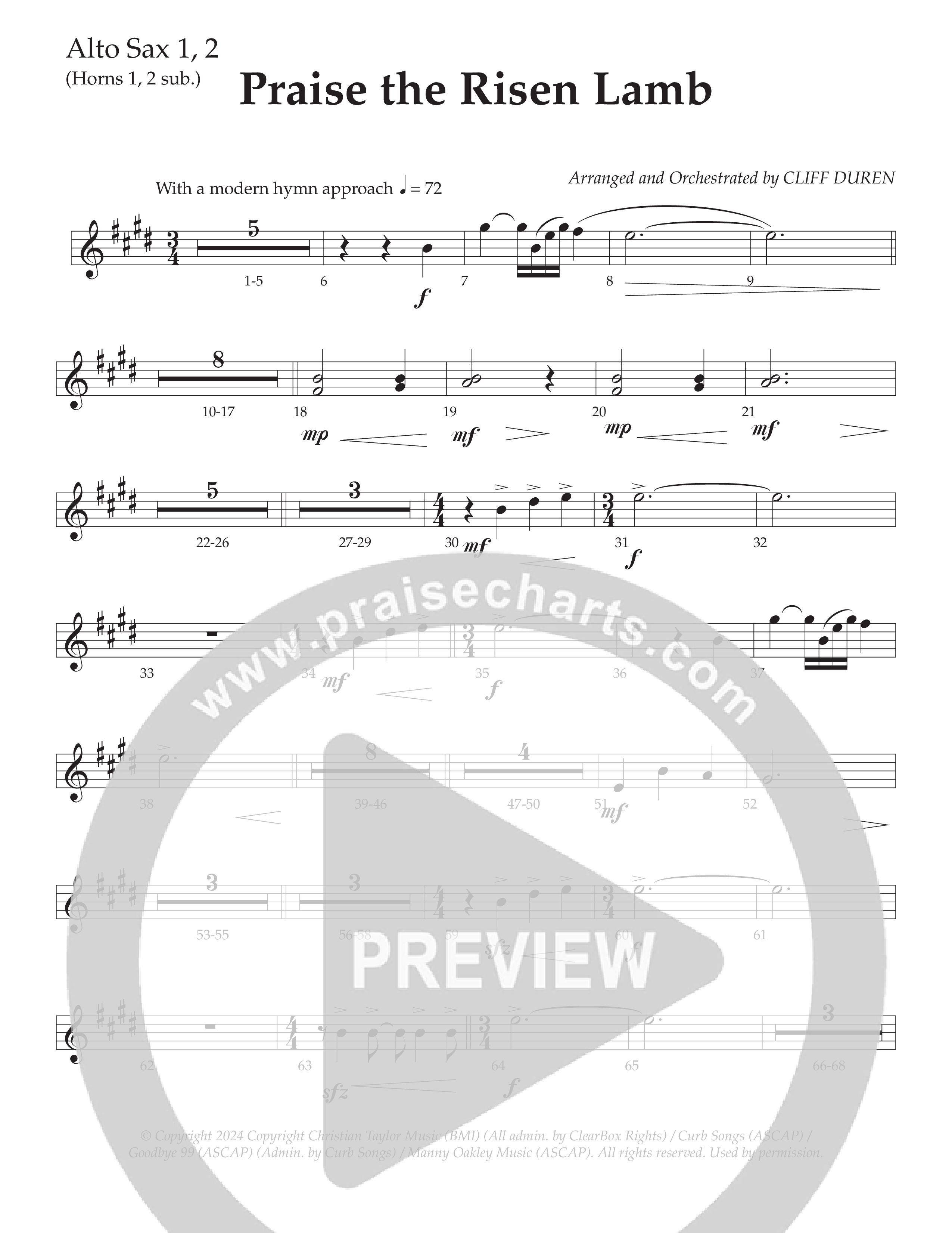 Praise The Risen Lamb (Choral Anthem SATB) Alto Sax 1/2 (Daywind Worship / Arr. Cliff Duren)