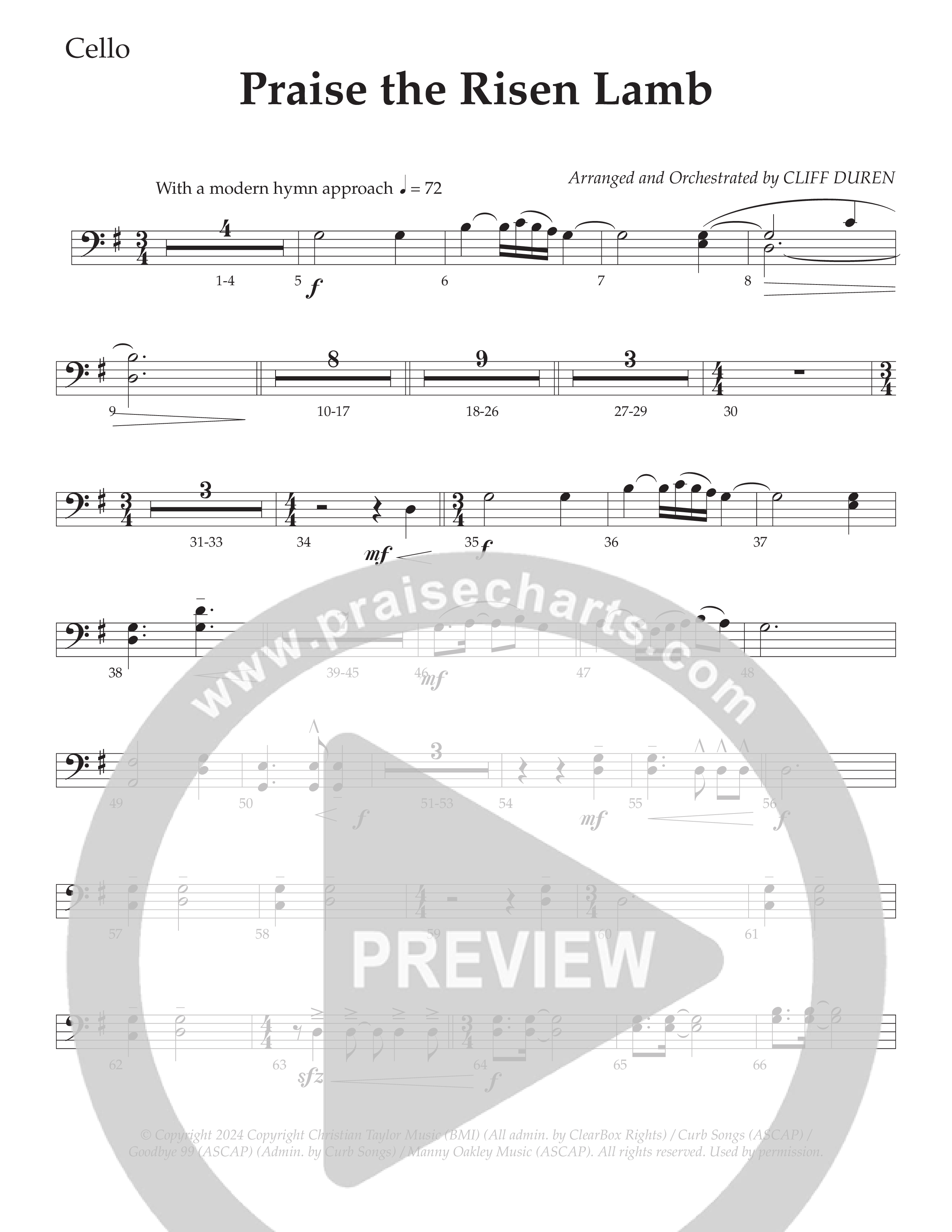 Praise The Risen Lamb (Choral Anthem SATB) Cello (Daywind Worship / Arr. Cliff Duren)