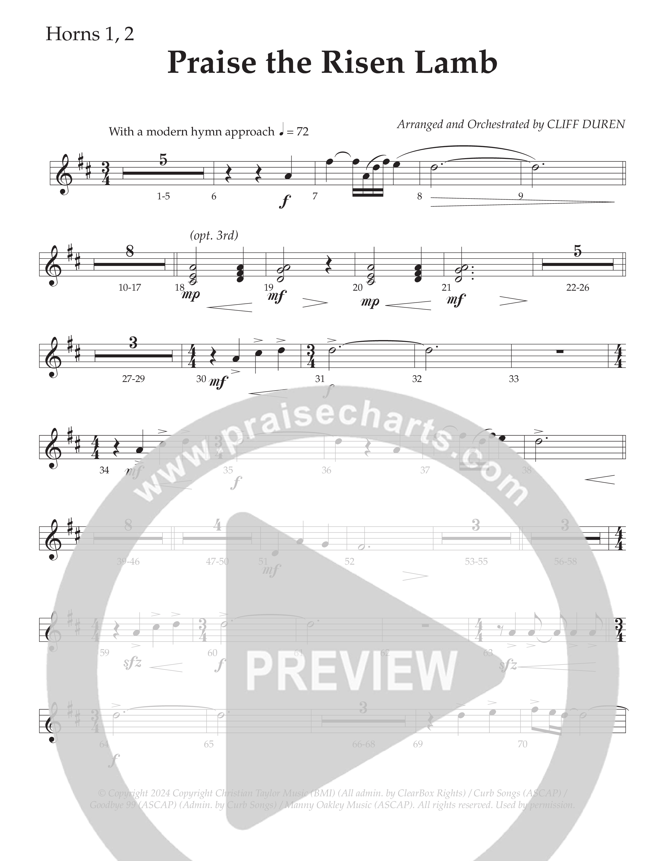 Praise The Risen Lamb (Choral Anthem SATB) French Horn 1/2 (Daywind Worship / Arr. Cliff Duren)