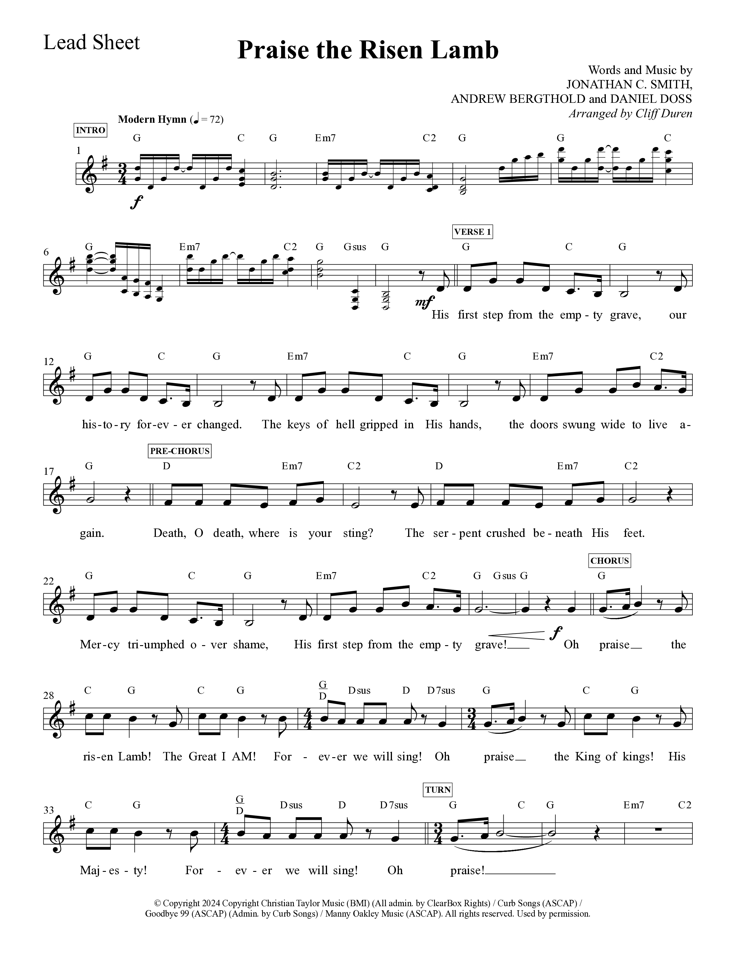 Praise The Risen Lamb (Choral Anthem SATB) Lead Sheet Melody (Daywind Worship / Arr. Cliff Duren)