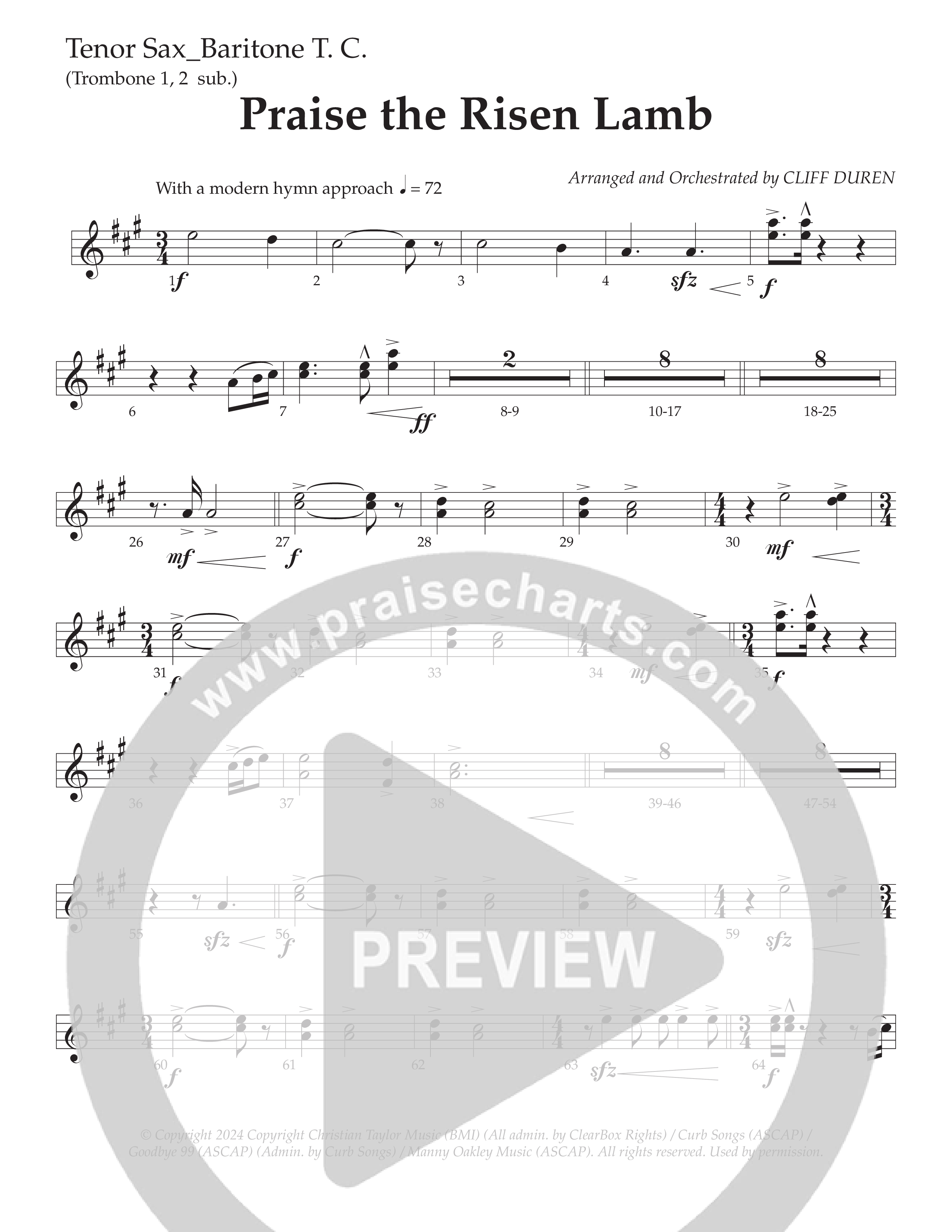 Praise The Risen Lamb (Choral Anthem SATB) Tenor Sax/Baritone T.C. (Daywind Worship / Arr. Cliff Duren)