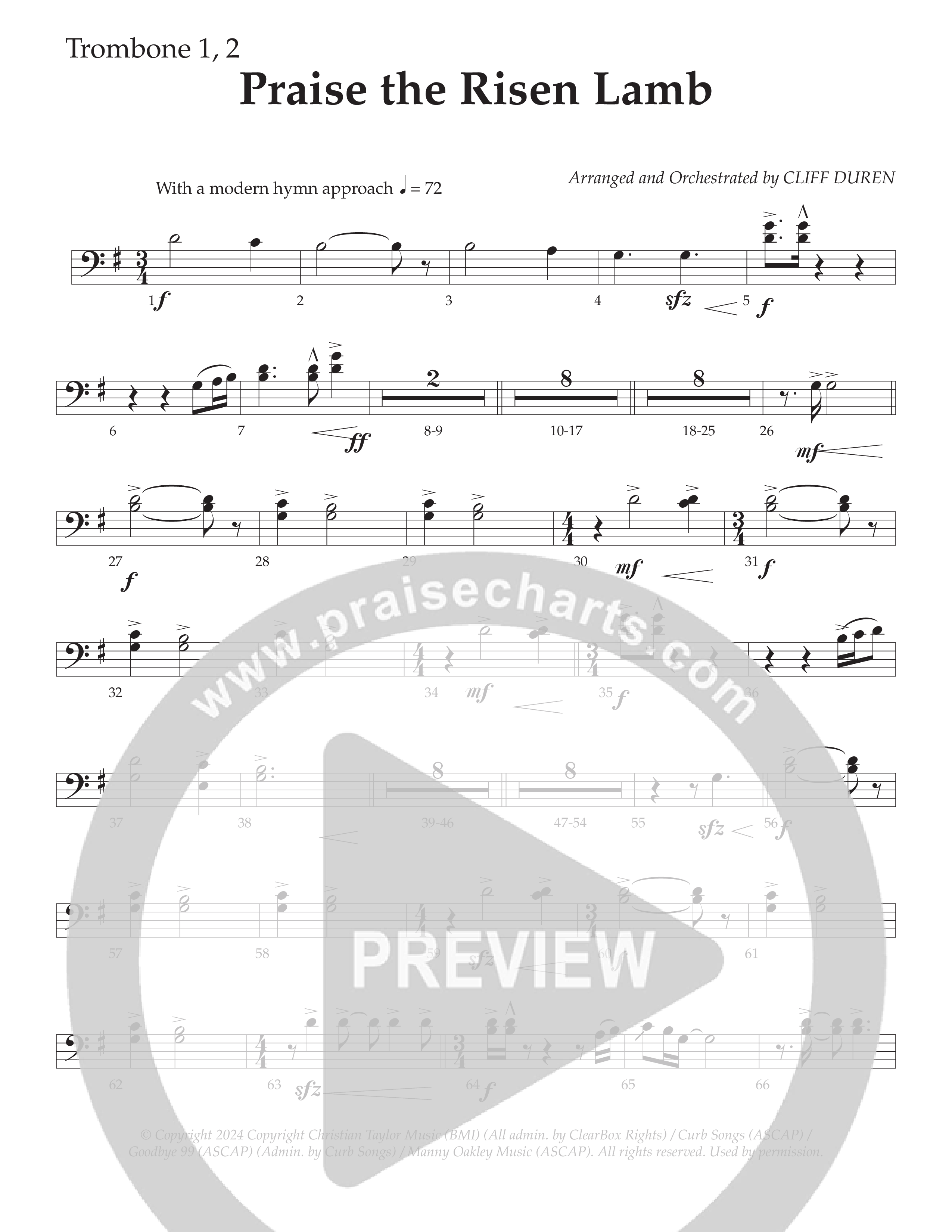 Praise The Risen Lamb (Choral Anthem SATB) Trombone 1/2 (Daywind Worship / Arr. Cliff Duren)
