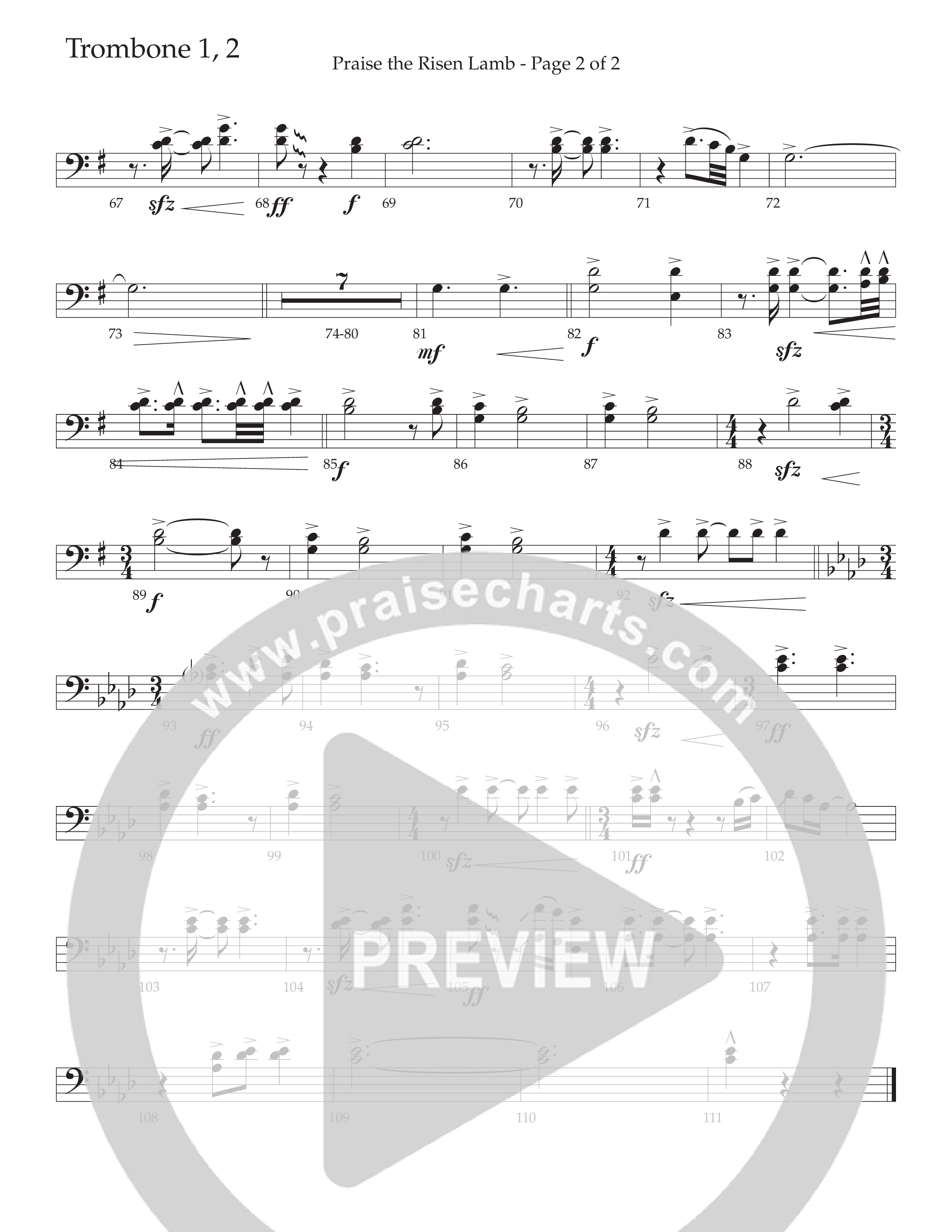 Praise The Risen Lamb (Choral Anthem SATB) Trombone 1/2 (Daywind Worship / Arr. Cliff Duren)