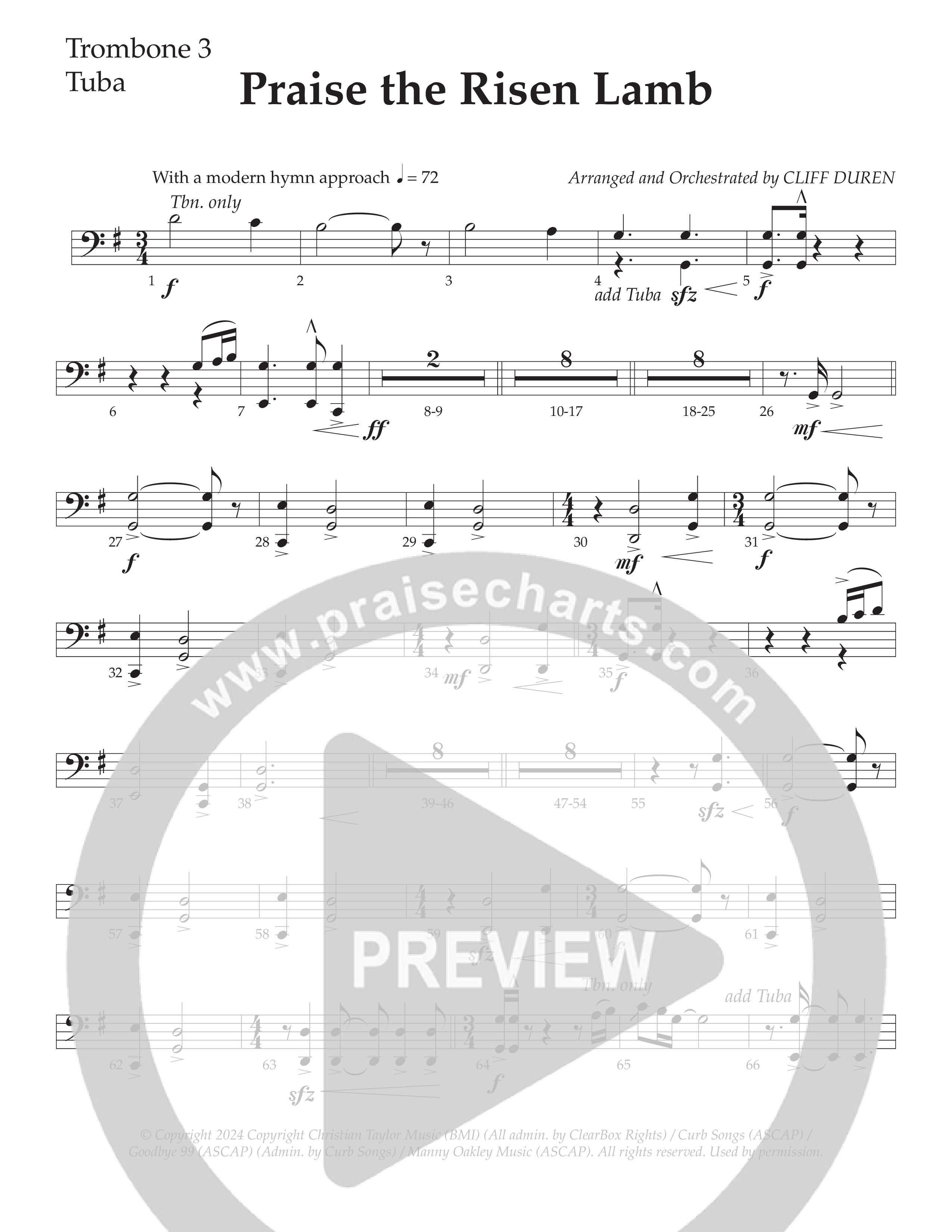 Praise The Risen Lamb (Choral Anthem SATB) Trombone 3/Tuba (Daywind Worship / Arr. Cliff Duren)