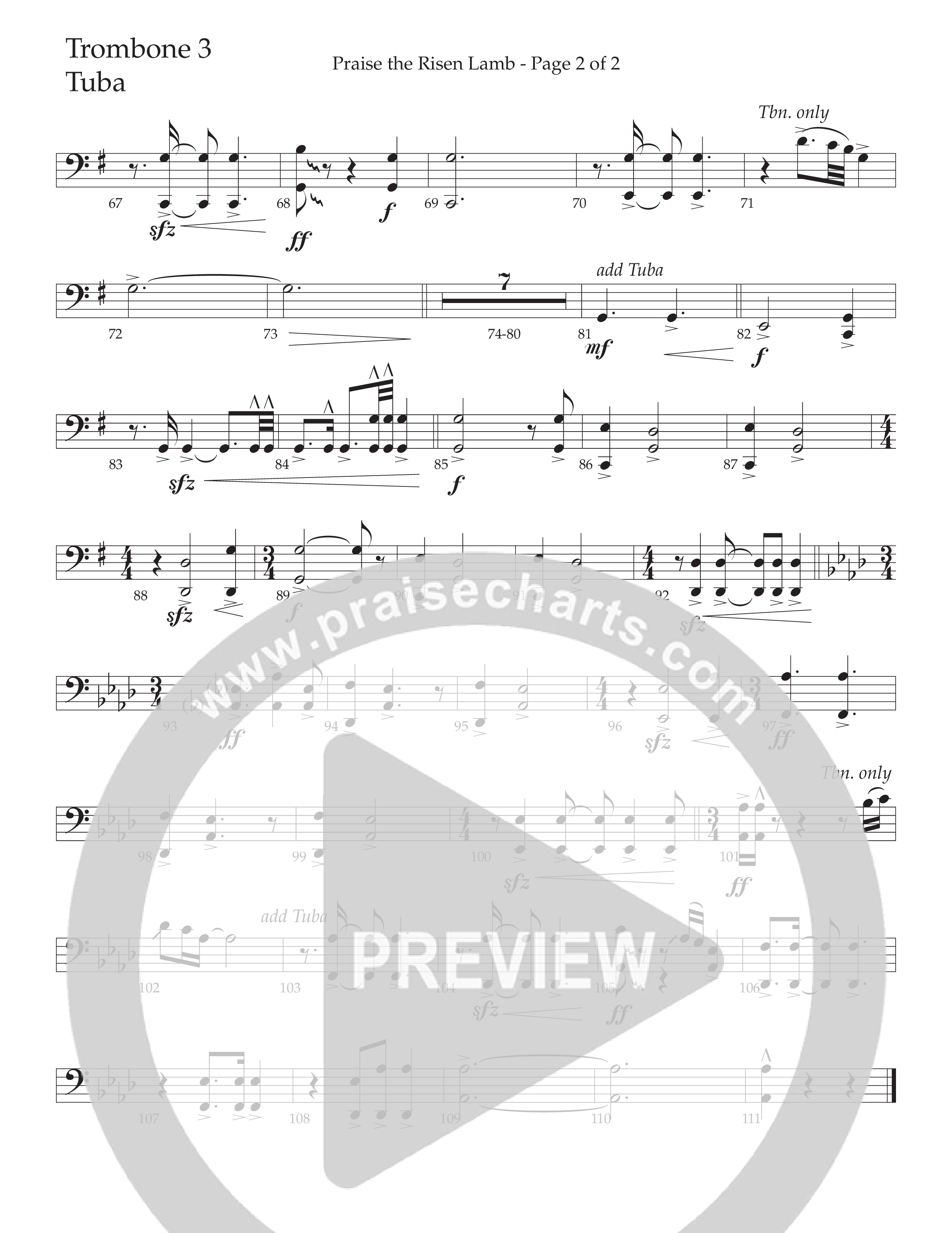 Praise The Risen Lamb (Choral Anthem SATB) Trombone 3/Tuba (Daywind Worship / Arr. Cliff Duren)