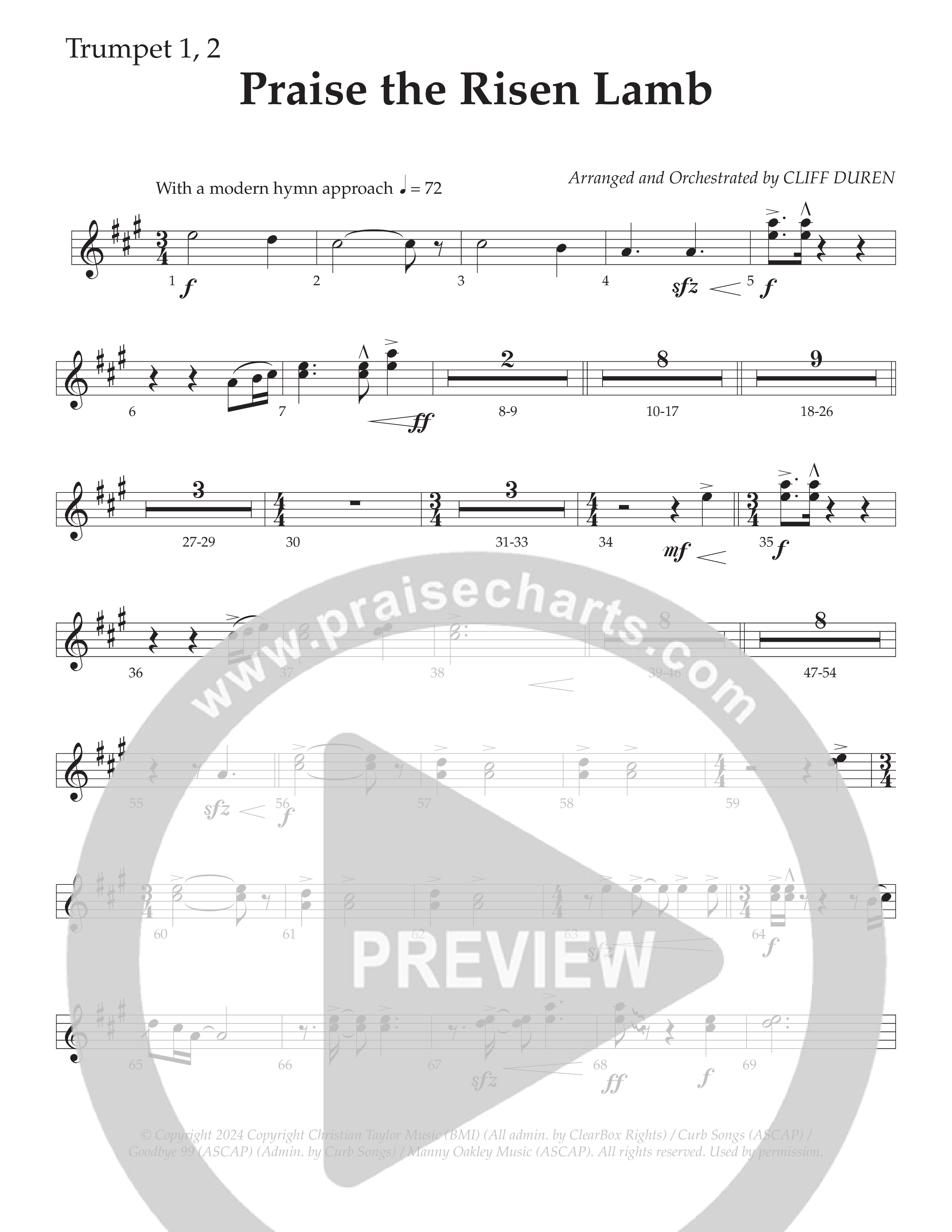 Praise The Risen Lamb (Choral Anthem SATB) Trumpet 1,2 (Daywind Worship / Arr. Cliff Duren)