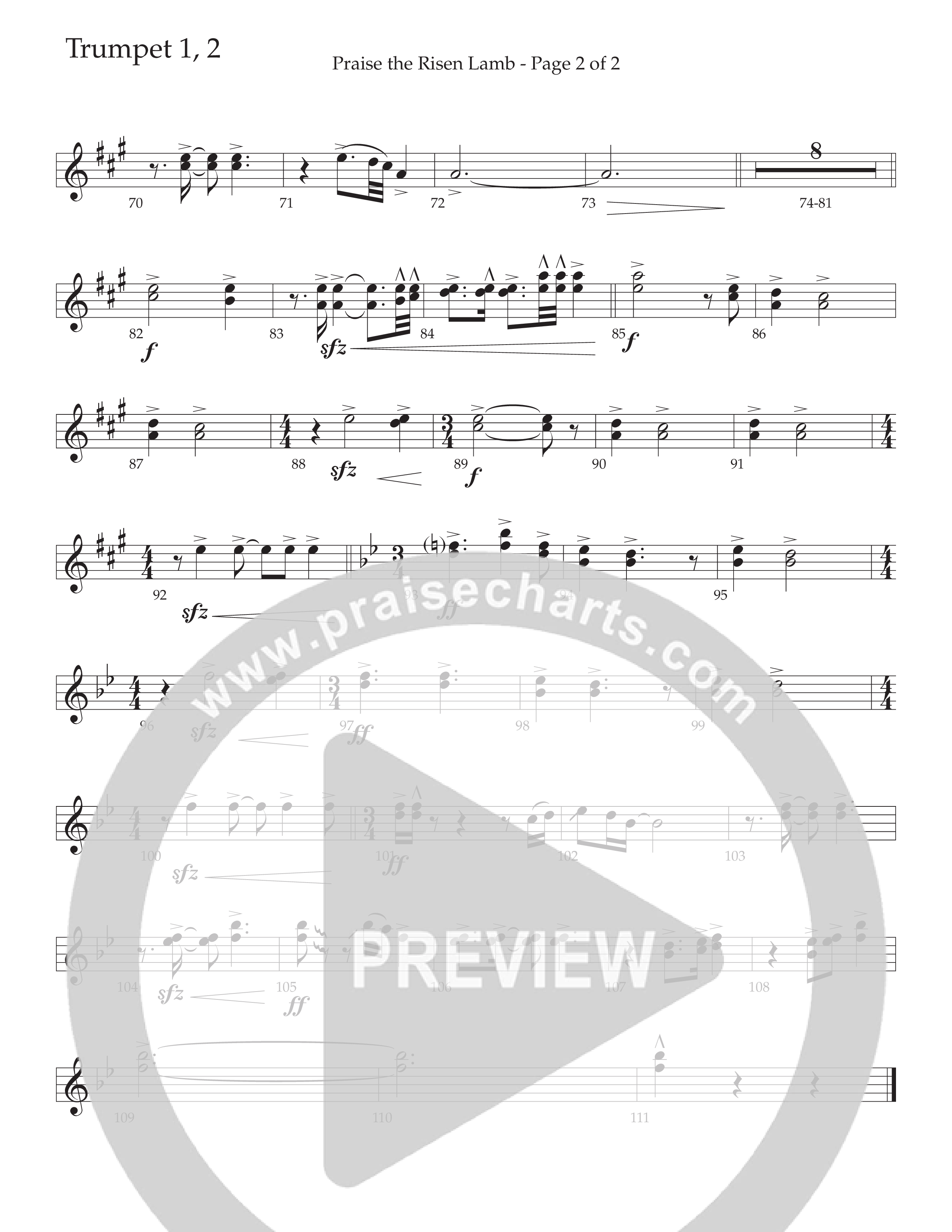 Praise The Risen Lamb (Choral Anthem SATB) Trumpet 1,2 (Daywind Worship / Arr. Cliff Duren)